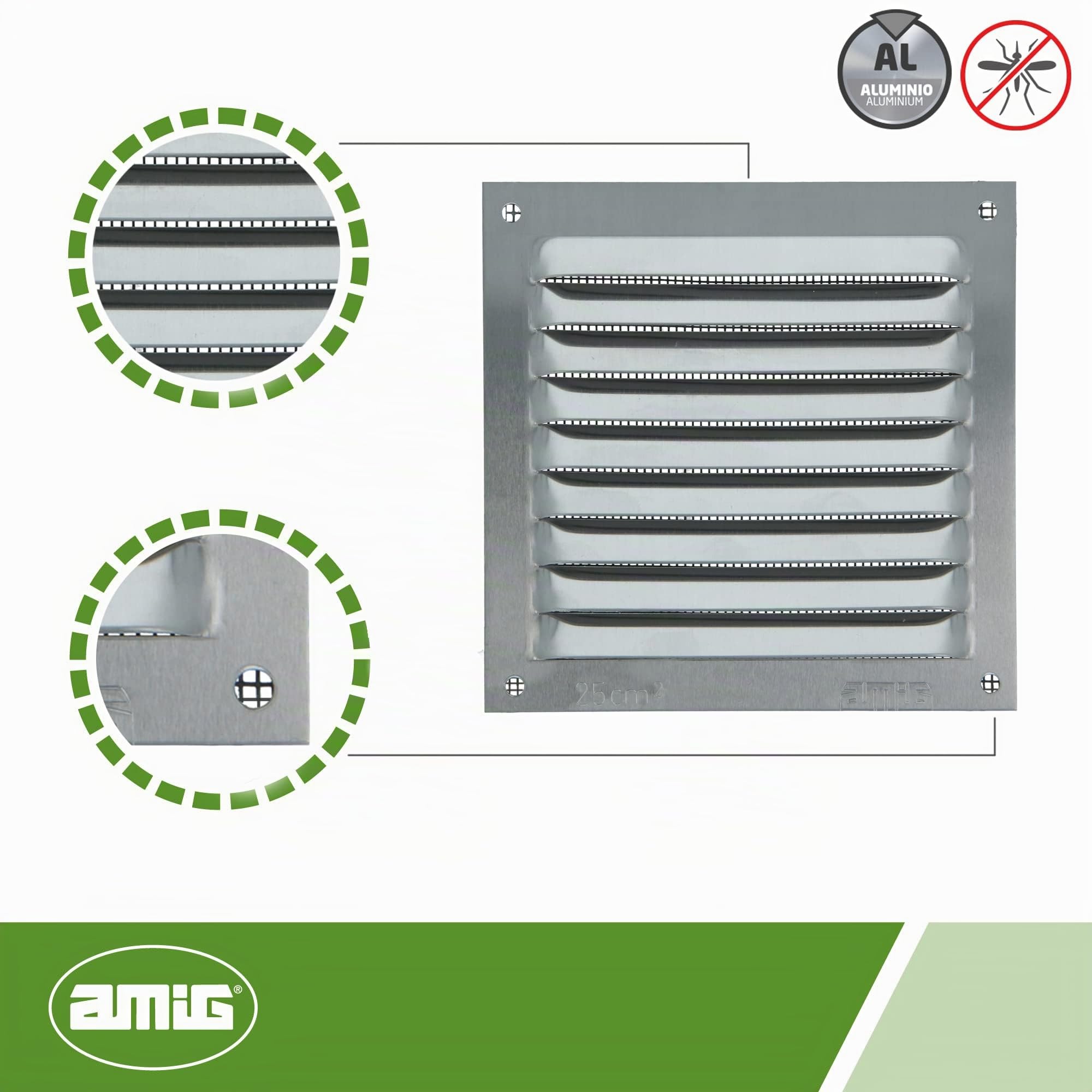 Amig - Griglia ventilazione - Griglia quadrata con zanzariera - Ideale per aerazione cucina e bagno - 100 x 100 mm - Alluminio - Argento