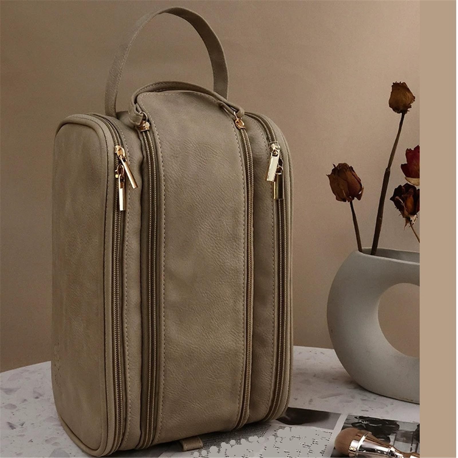 Tragbare Kosmetiktasche for Damen, einfarbig, große Kapazität, Handaufbewahrungstasche, Aufbewahrungstasche for Toilettenartikel aus PU-Leder(Khaki)