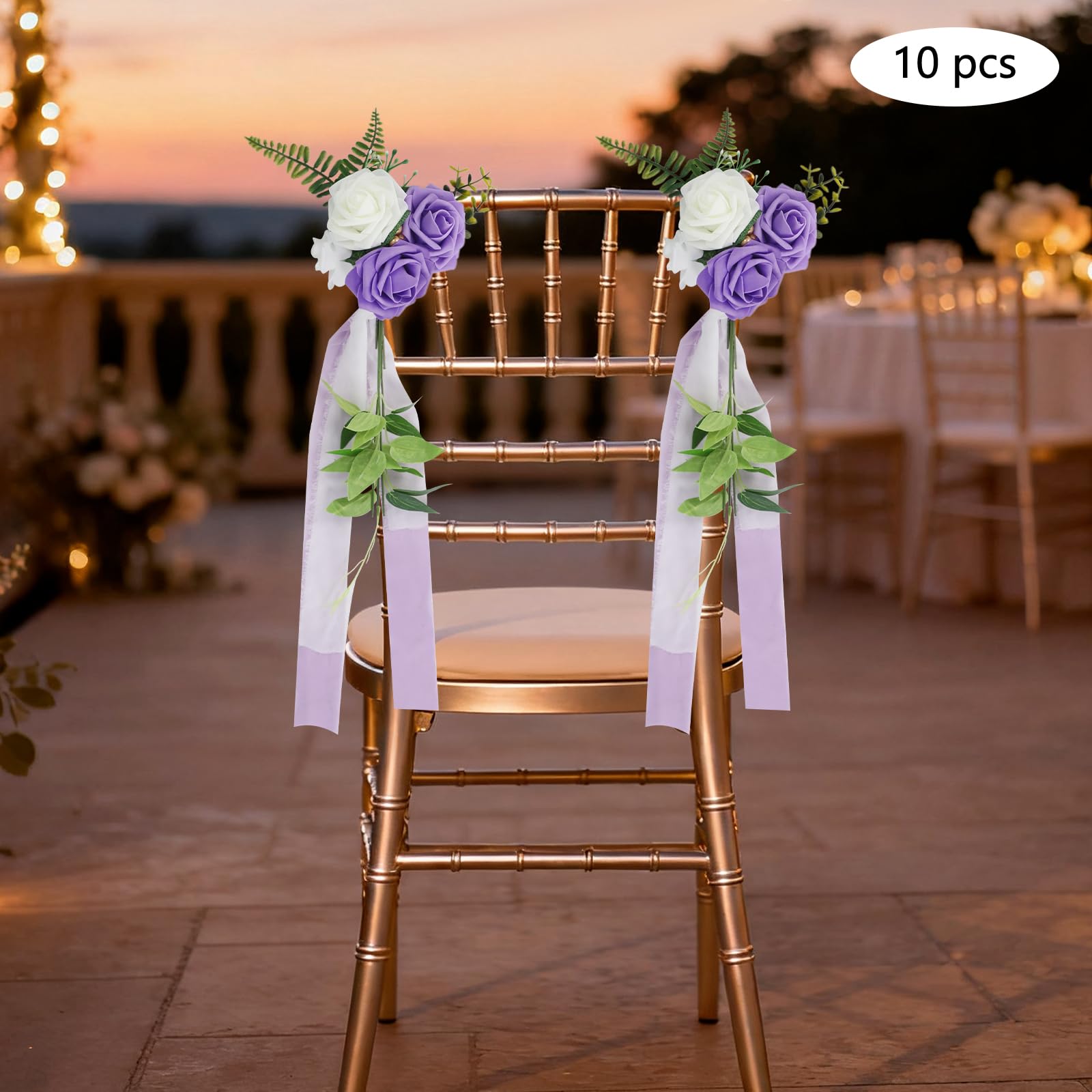 10 PCS Hochzeit Stuhl Blumenschmuck | Blumenschmuck mit Bändern für die Hochzeit Zeremonie Stuhlschleife Dekoration 75cm Für Hochzeitstisch Tischdeko Event Party ﻿ (Weiß+Grün+Violett)