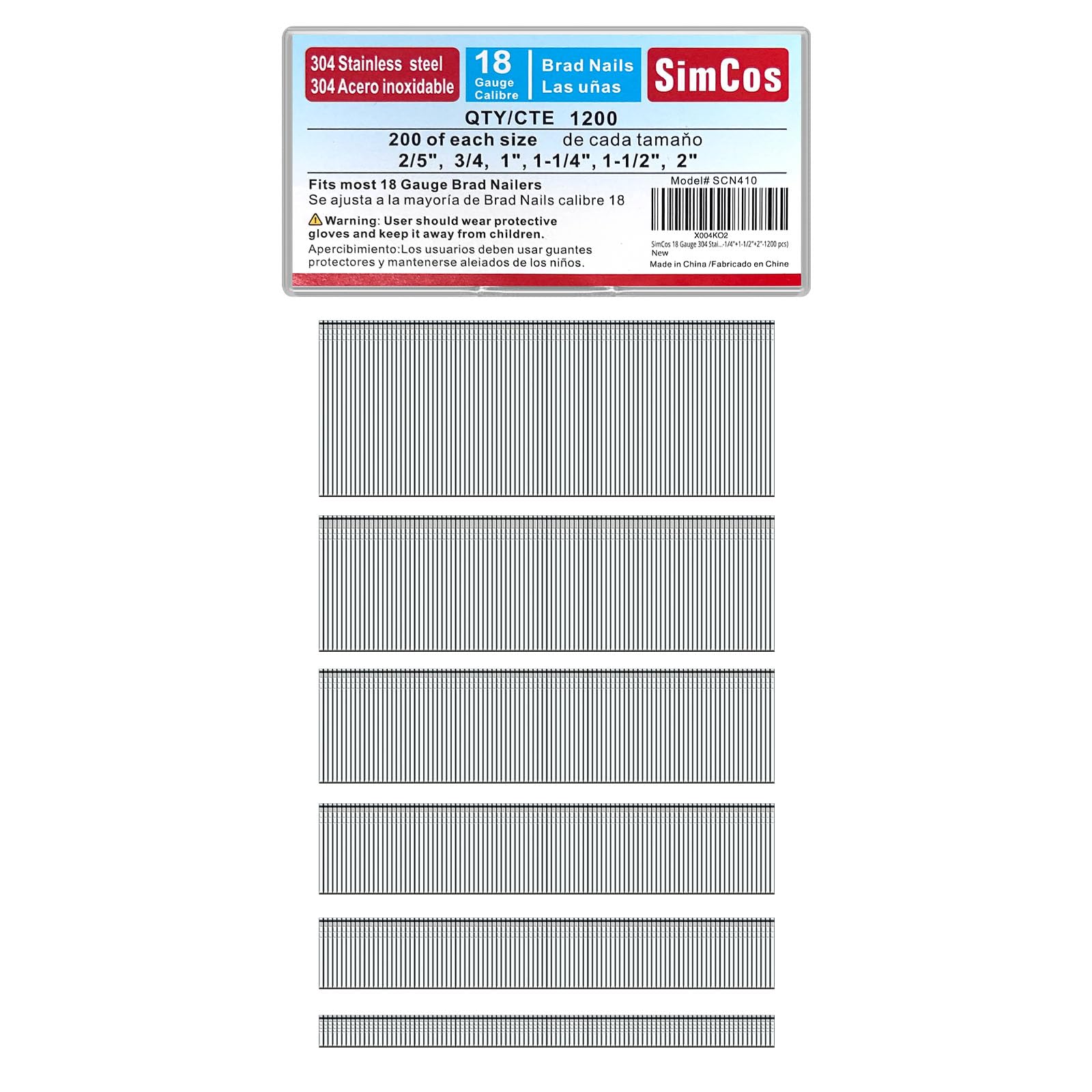 SimCos 18 Gauge 304 Stainless Steel Brad Nails 18 GA Nail Gun Nails Assorted and Small Finishing Nails for Pneumatic, Electric Brad Nailer (2/5"+3/4"+