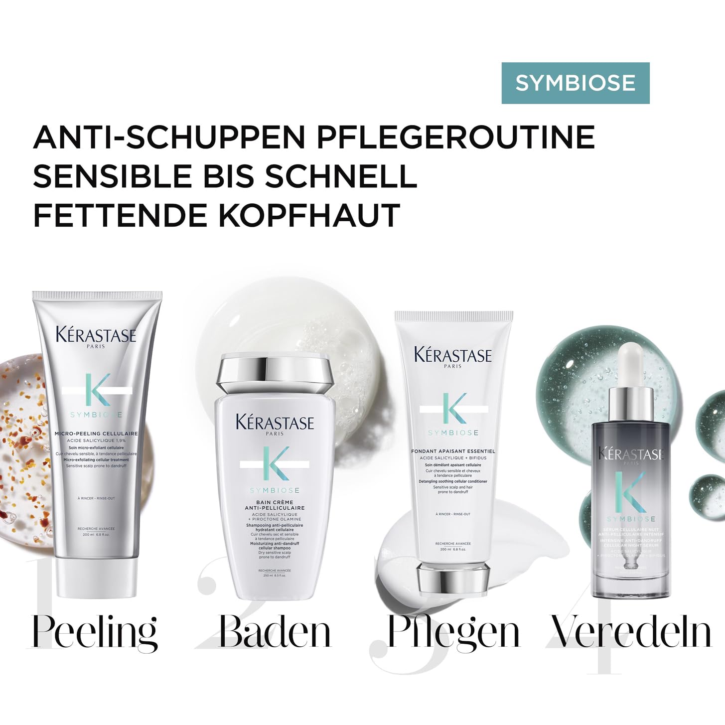 Kérastase, Symbiose, Anti-Schuppen Pflegeroutine mit Peeling, Shampoo, Haarspülung und Haarserum, Für empfindliche, trockene und schuppige Kopfhaut