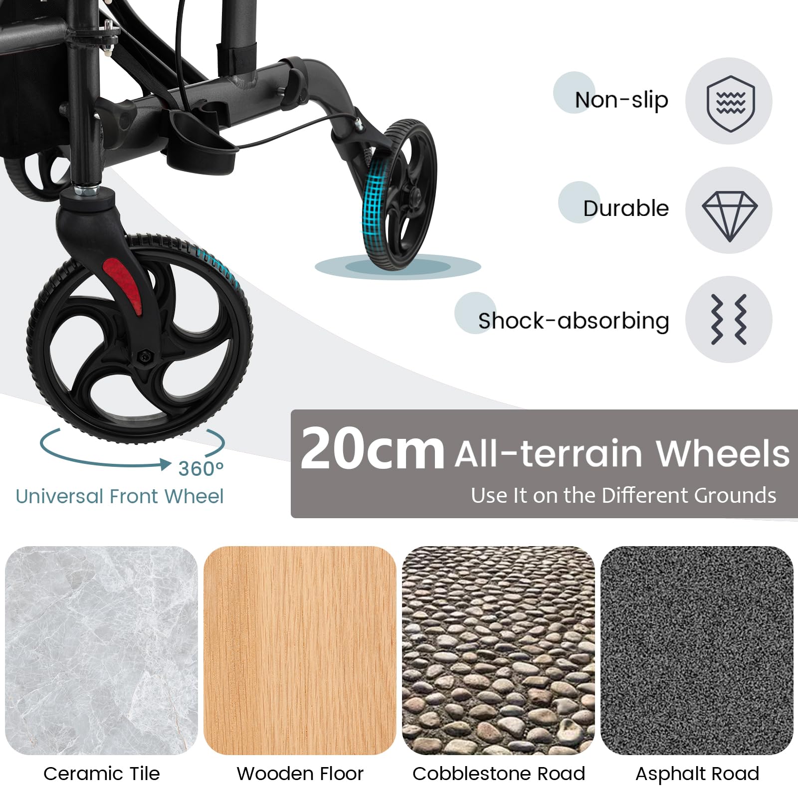 HOMASIS 2 en 1 Andador Plegable de Altura Ajustable con 4 Ruedas, Andador de Aluminio con Freno de Mano Portaparaguas, Asiento y Respaldo Reversible, para Personas Mayores, Carga 136 kg (Negro)