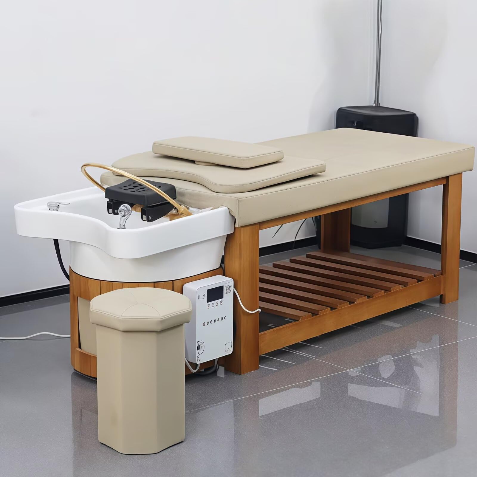Head SPA łóżko z beżowym odcieniem naturalnego drewna do pielęgnacji głowy