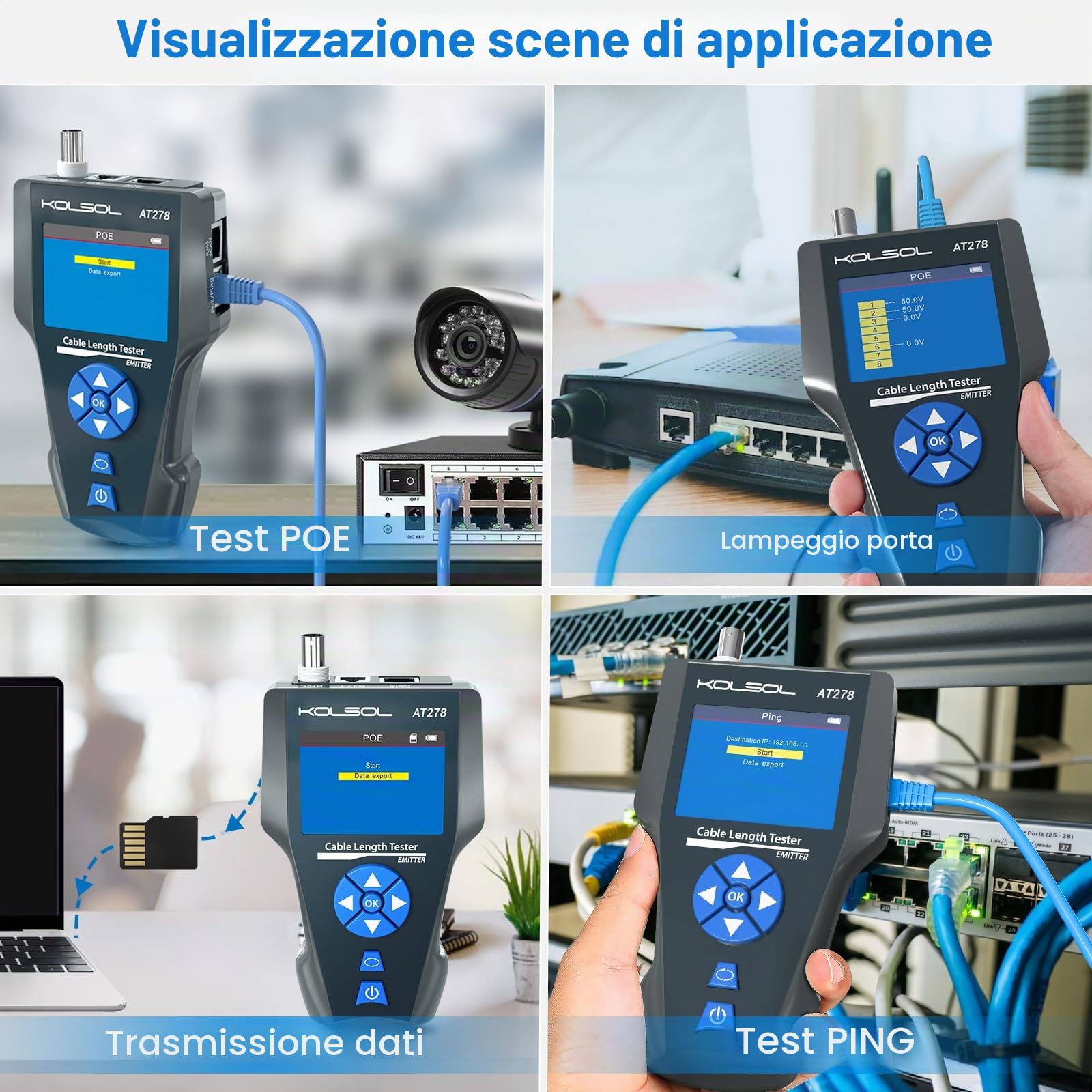 Tester per cavo di rete AT278, con TDR, filtro CA, tracciatore cavo multi-funzionale per RJ45, RJ11, BNC, cavo metallico, PING/POE
