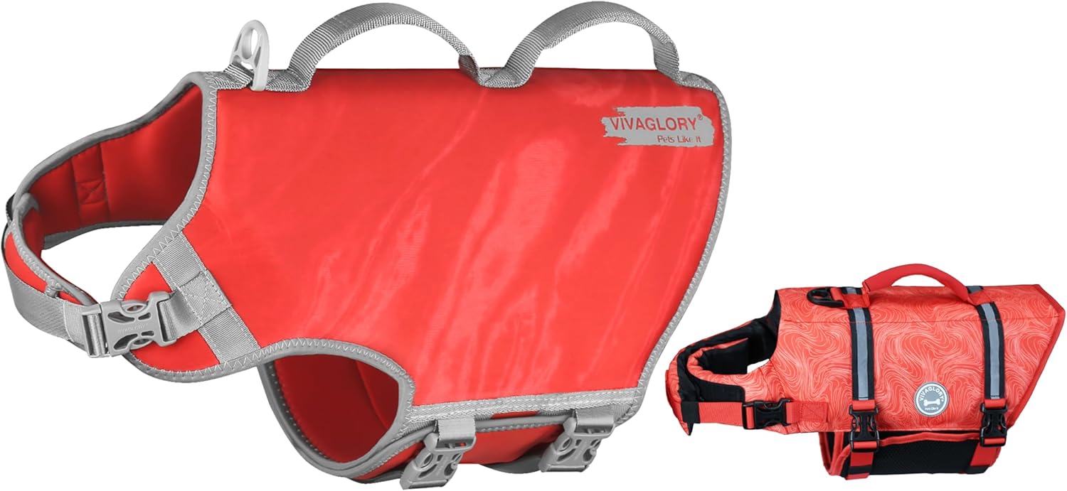 VIVAGLORY + Neoprene Dog Life Vest + Rip Stop Dog Swim Vest, Lightweight & Buoyancy, Puppy Life Jacket for Swimming & Boating