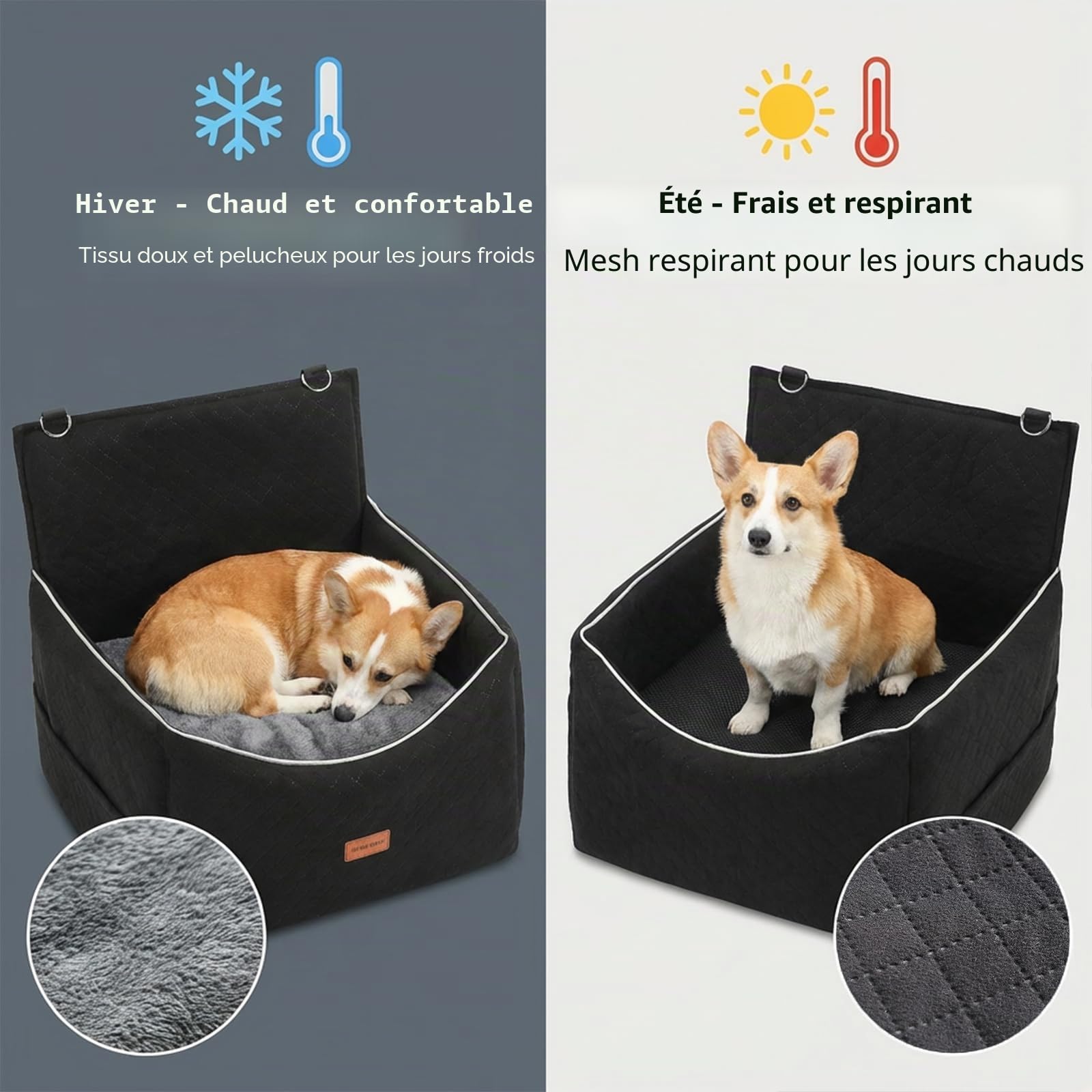 Siège Auto pour Chien Jusqu’à 15,8 kg, Coussin réversible été/Hiver, Gris | Panier de voiture déhoussable et lavable, fixation avec 2 ceintures, adapté aux petits et moyens chiens pour les trajets