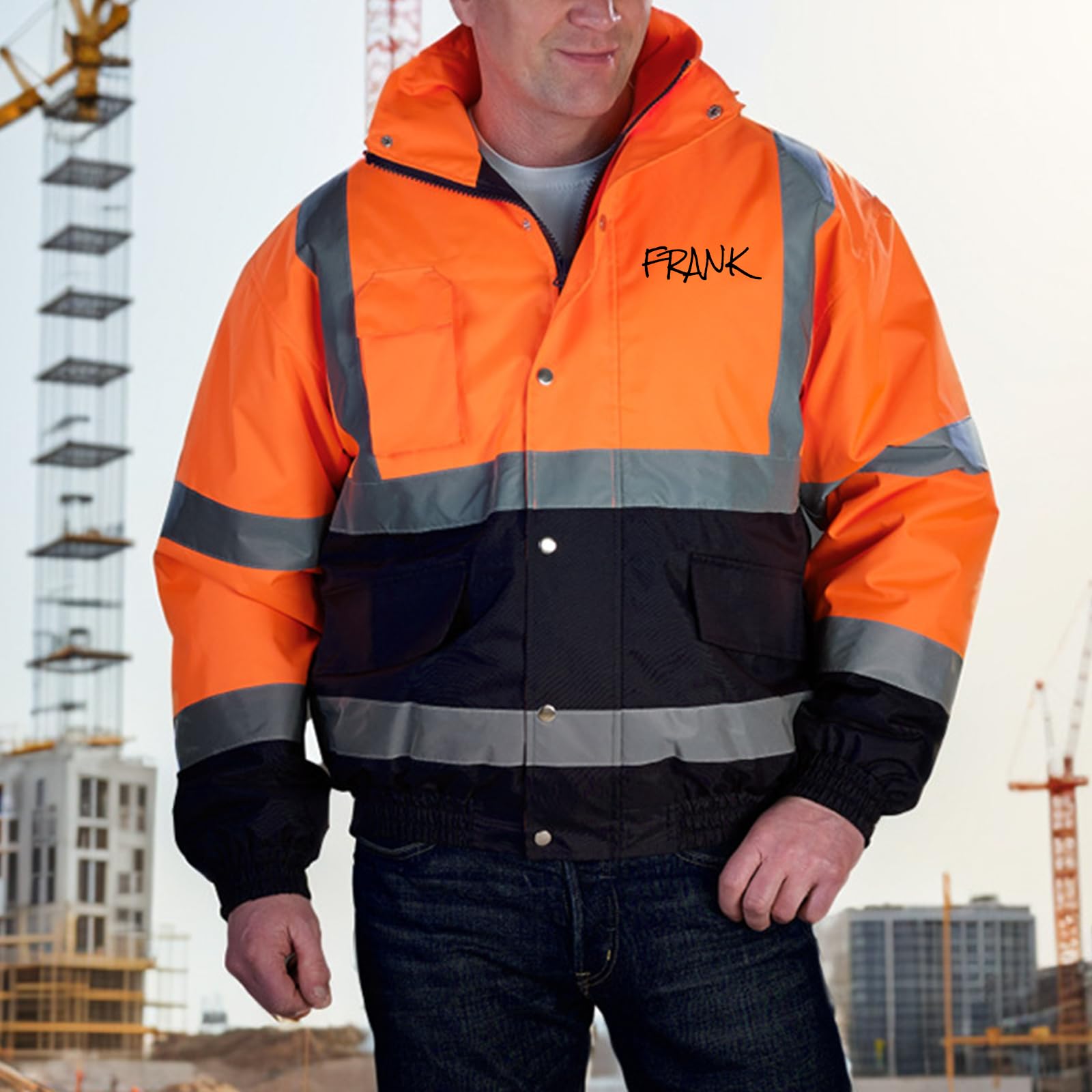 Chaqueta bomber personalizada de alta visibilidad para hombre, logotipo personalizado, foto/texto, chaqueta impermeable de alta visibilidad, con capucha, acolchada, para el trabajo
