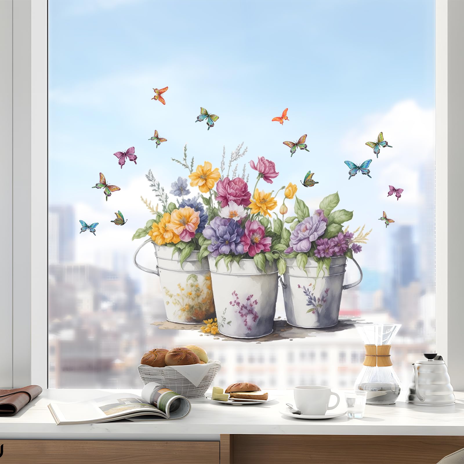 Tanlaby Potted Flowers Plants Window Clings Spring Summer Butterfly Double Sided Static Window Stickers Anti-Collision Decor for Living Room Kitchen Glass Window