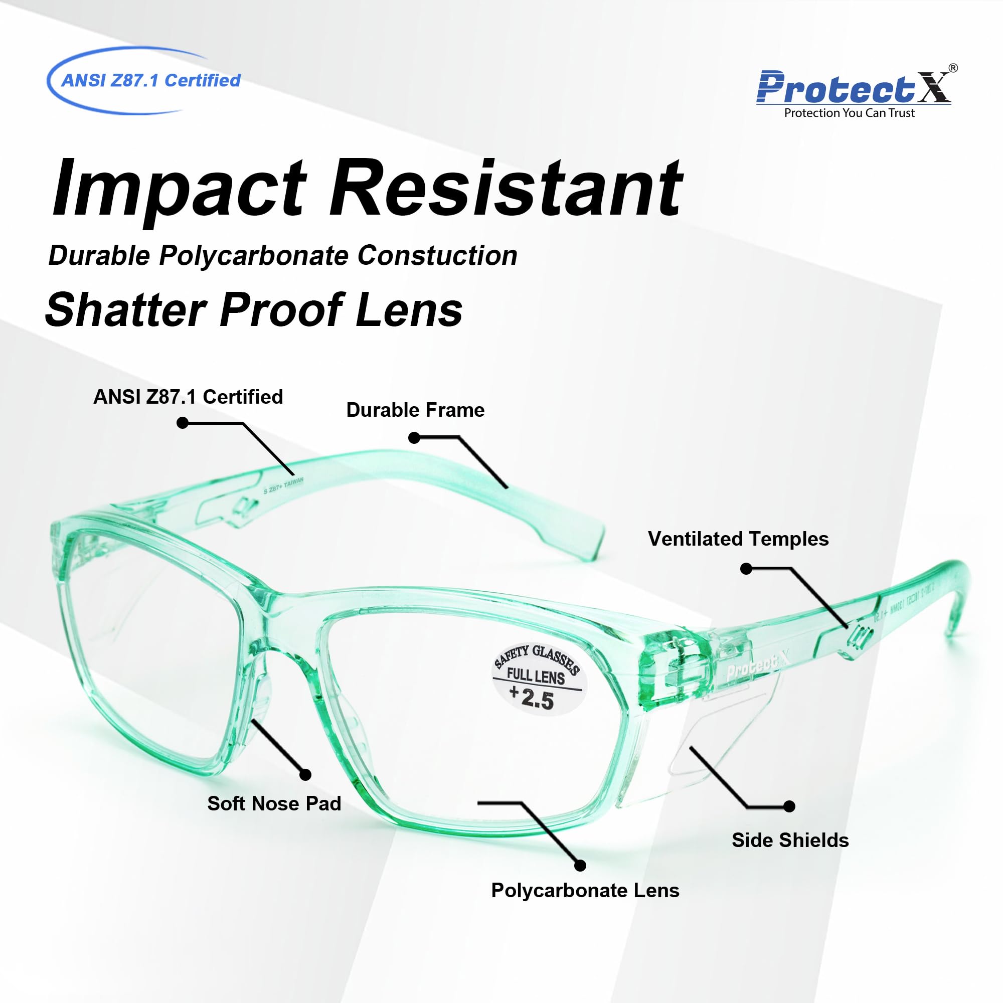 ProtectX - anteojos de seguridad con estilo antivaho y resistente a los arañazos con lectores, anteojos de protección UV, anteojos ligeras antiimpactos para hombres y mujeres, lente completa de