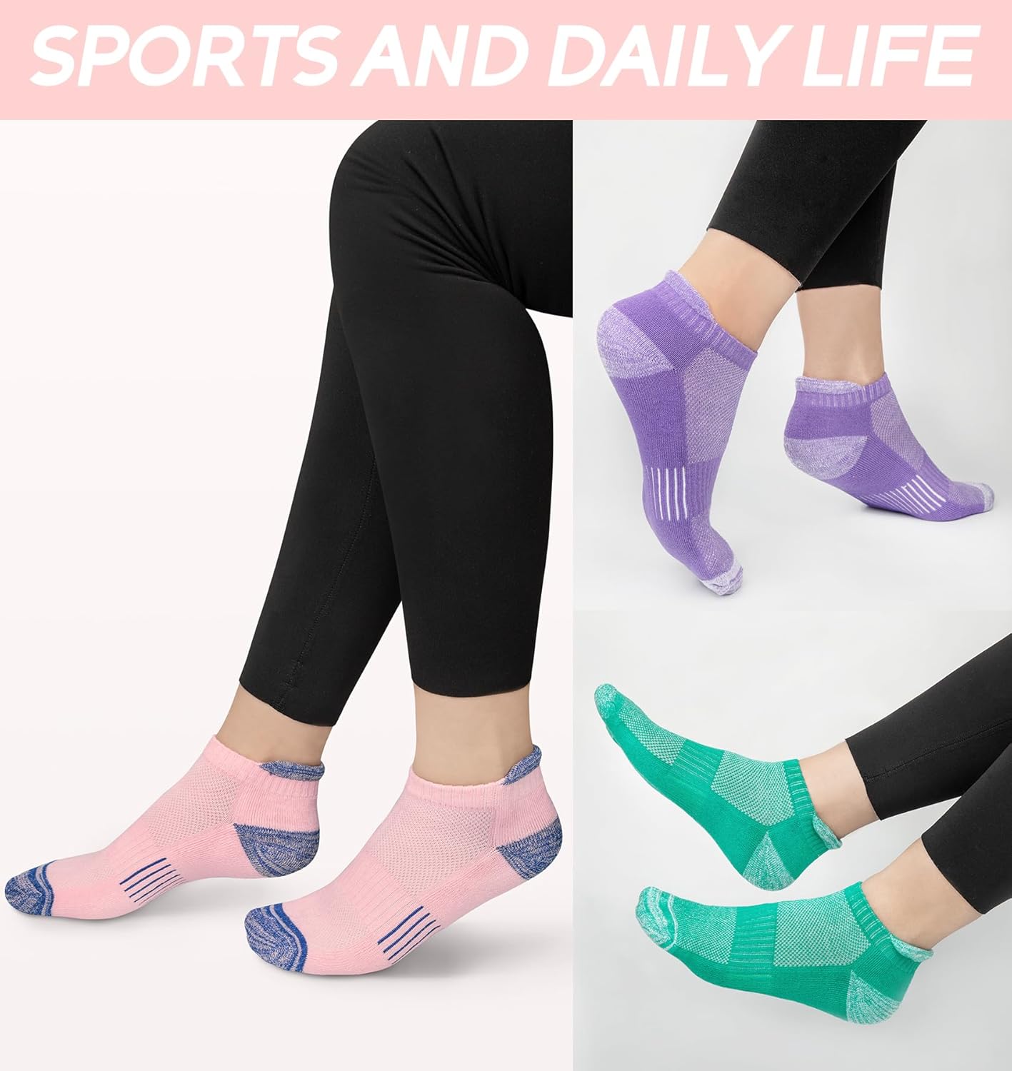 YSense 6 Pairs Womens Ankle Socks Cotton Cushioned Athletic Running Socks with Moisture-Wicking - Image 6