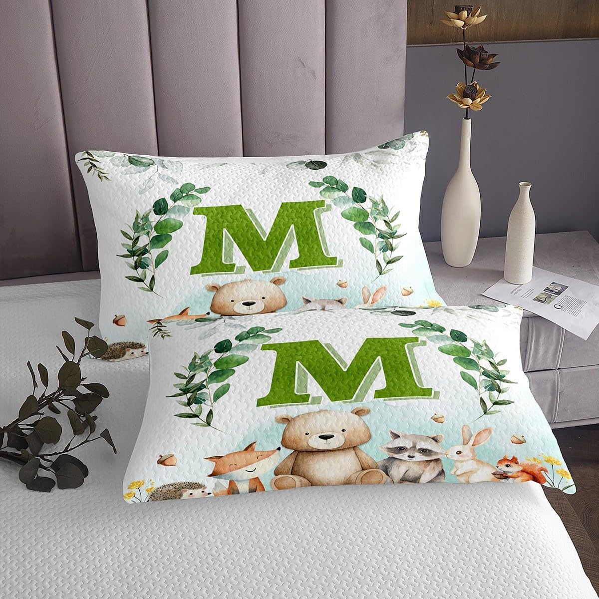 Erosebridal Initial Letter Coverlet Set - Birthday Gifts for Nursery Kids Boys Girls Cartoon Cute Woodland Animal King Size Bedspread Set Eucalyptus Leaves Bedding Sets(M)