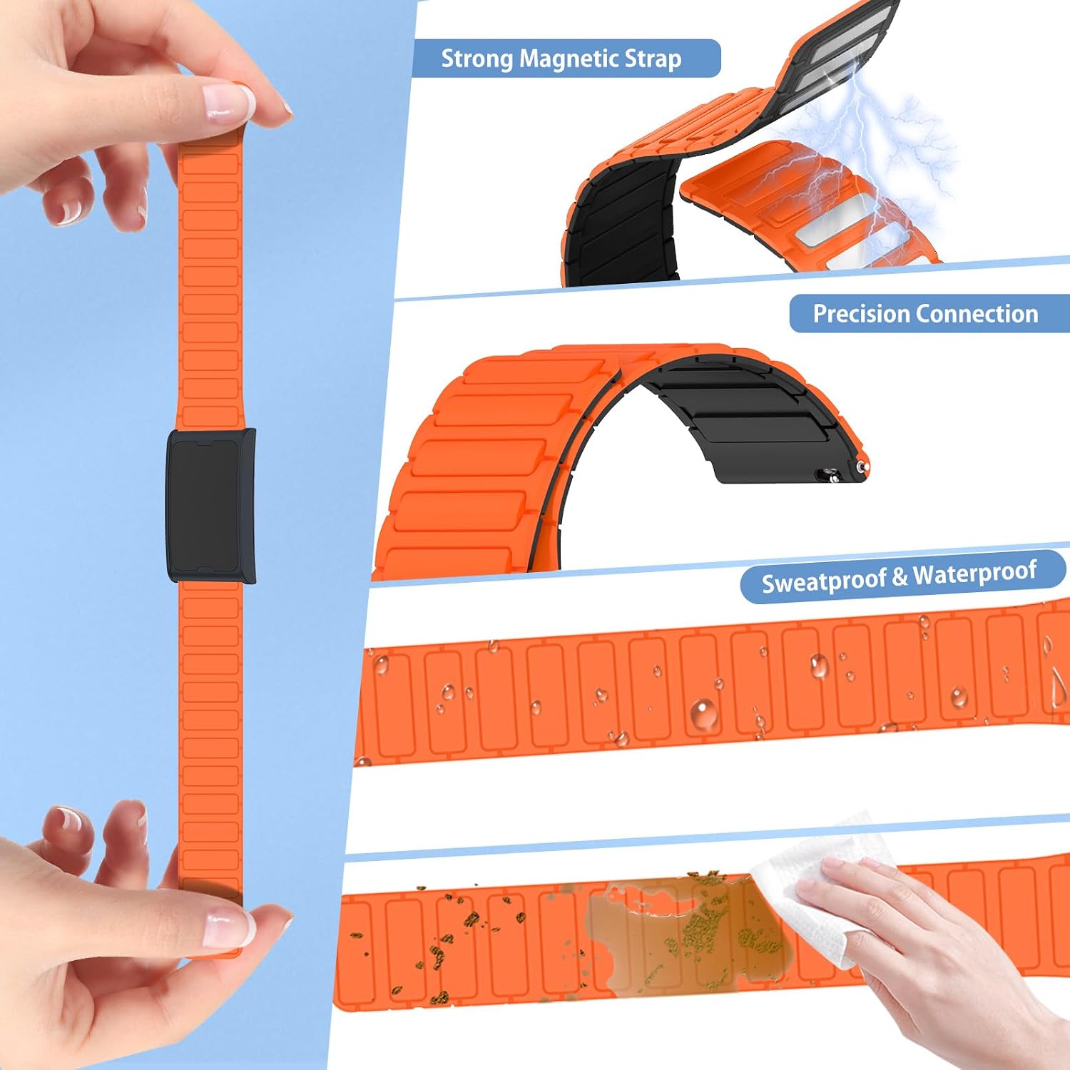 Watch Band For Amazfit T-Rex3 PRO/Helio Strap Watch, Quick Release Soft Silicone Replacement Watch Strap,Magnetic Wriststrap, Wristband for Smartwatch, Orangeblack image 2