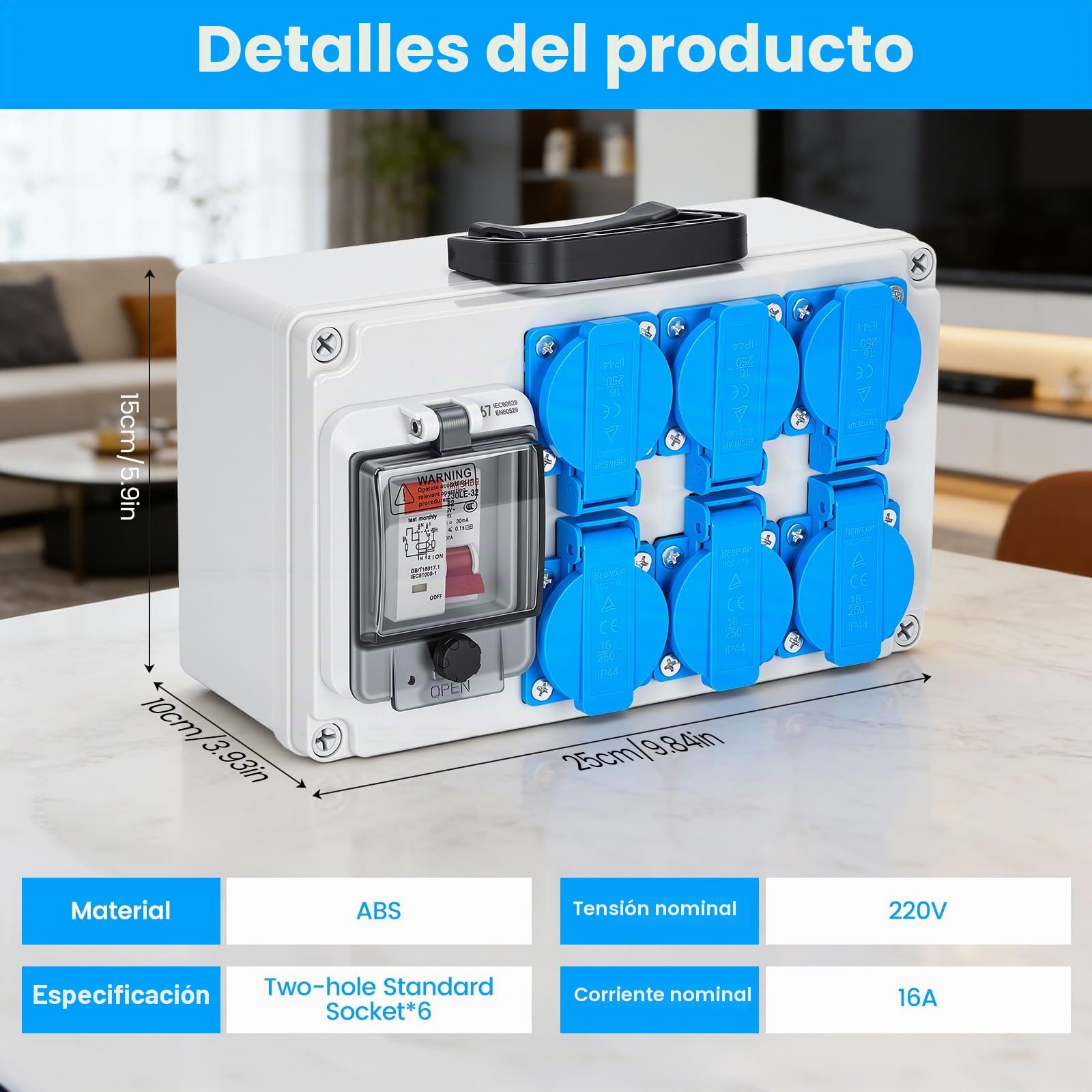Distribuidor de corriente para construcción 16 A IP67 con base Schuko de 6 tomas e interruptor diferencial 30 mA, 230 V, caja de distribución de corriente para obras, jardín exterior, distribuidor de