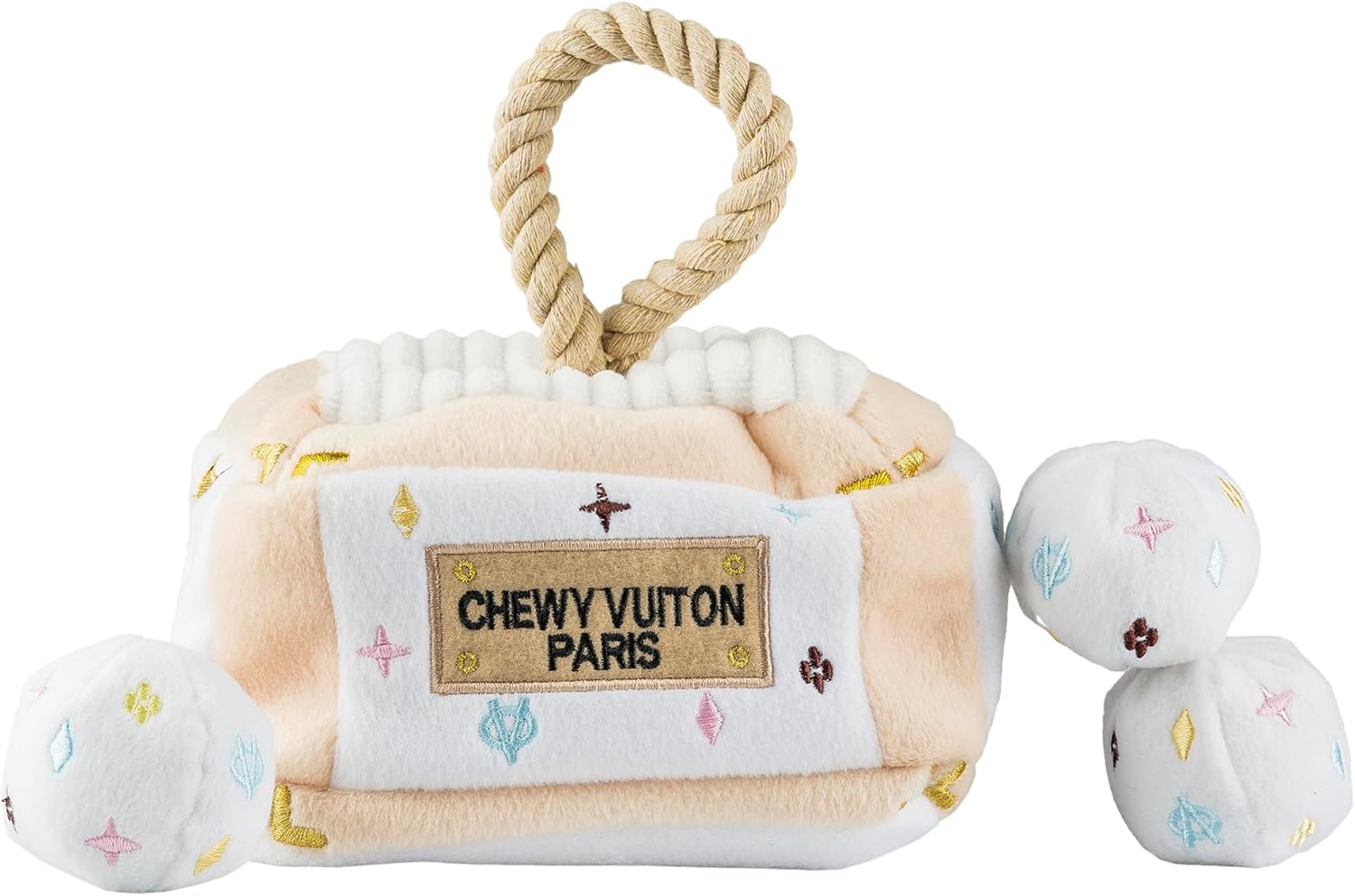 Haute Diggity Dog White Chewy Vuiton Trunk Activity House, Plush Designer Dog Toys with Interactive Squeaker, Stimulating Pet Enrichment, Machine-Washable & Safe Materials for All Breeds, One Size