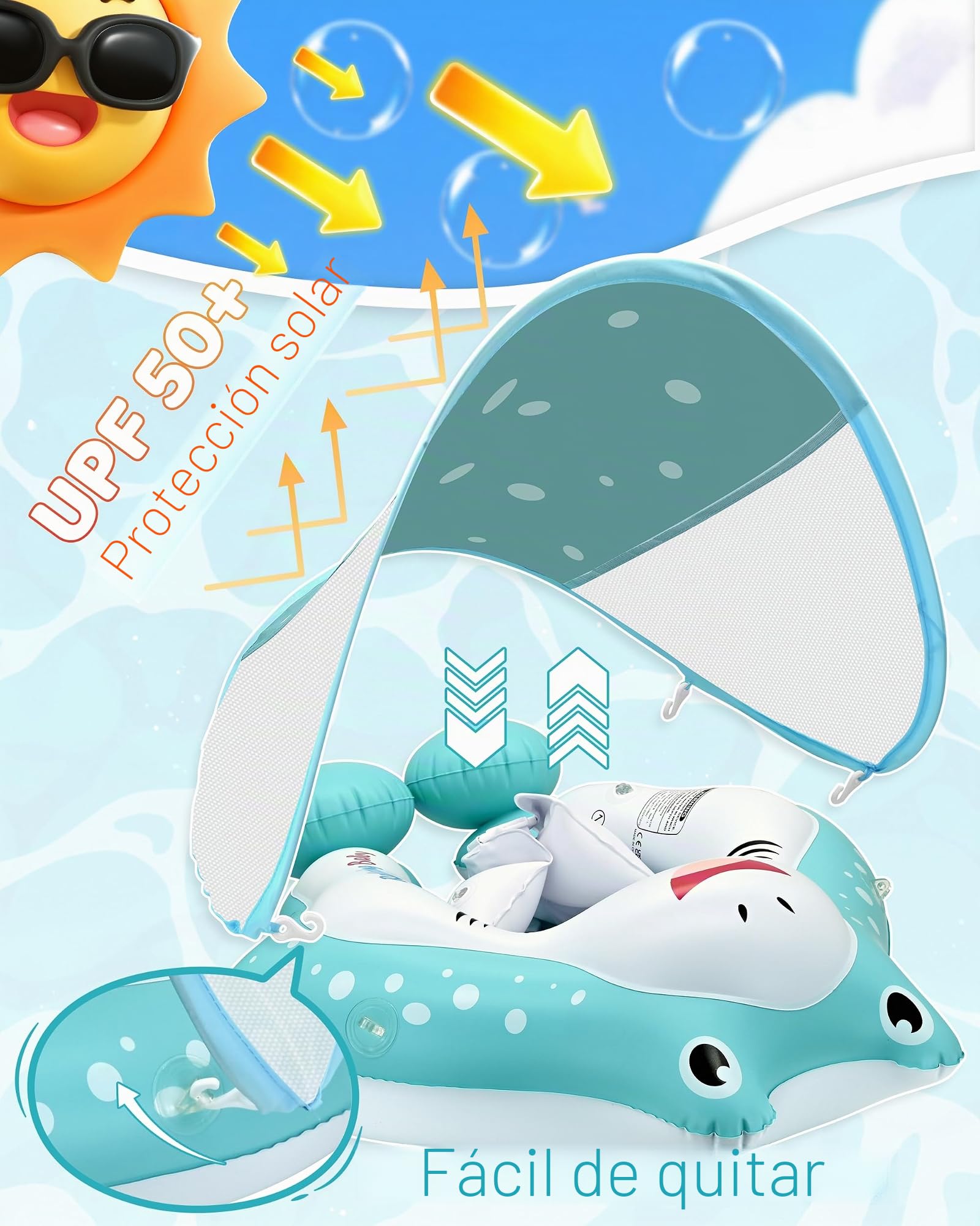Flotador para bebé con toldo, Flotador de Piscina Infantil con Asiento de Seguridad, Flotador de natación y Flotador de Agua para niños pequeños de 12 a 36 Meses (L: 12-36 Meses)