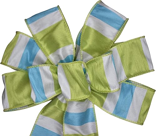 Miniatura 4 de Small 5-6" Aqua and Lime Striped Wired Wreath Bow