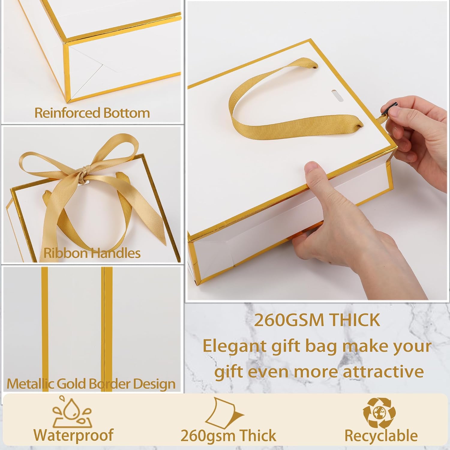 STOBOCTER 25 Pcs Metallic Gift Bags with Handles Tissue Paper and Bow Ribbon 9 x 7 x 3. 15'' Thank You 5 Senses Gift Bags for Him Her Birthday Wedding Bridesmaid Baby Shower Anniversary(White, Gold)