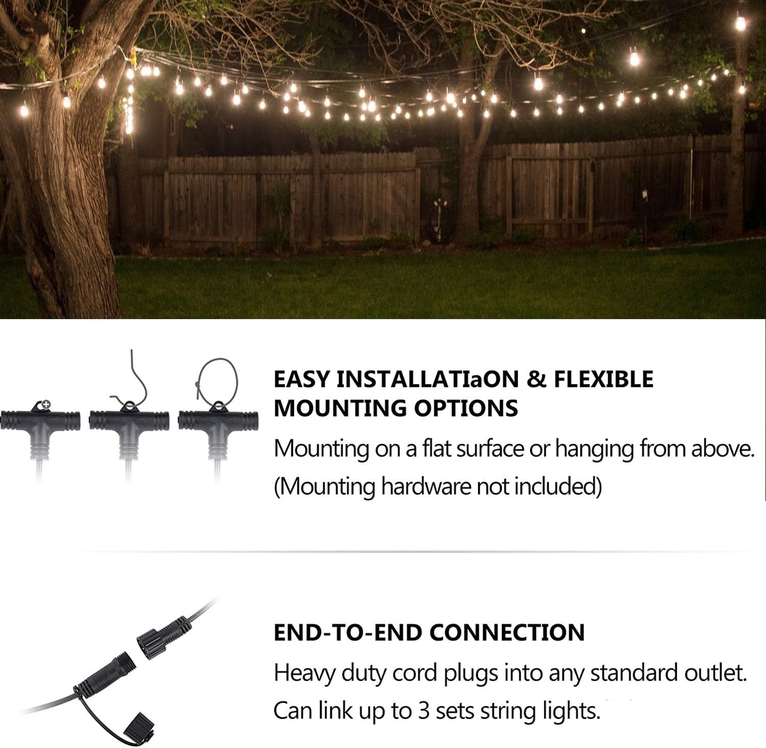 New Arrivals LED Outdoor Garden String Lights Solar Powered, 48FT Hanging 15+1 LED Edison Bulbs E27 Sockets Indoor/Outdoor Festoon Lighting for Party, Wedding Warm White Commercial Grade Connectable