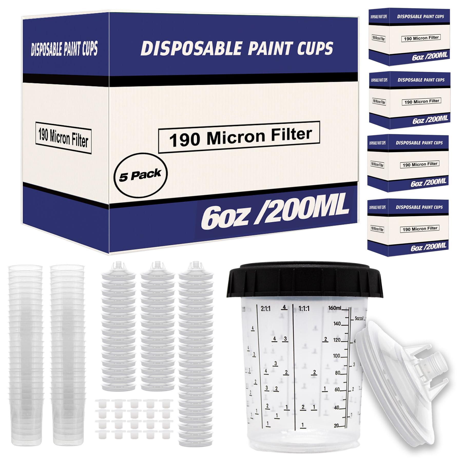 Disposable Paint Spray Gun Cups Liners and Lid System 50 Cup Liners, 50 Lids, 190MIC, 1 Hard Cup with Retainer Ring and 20 Plugs - Compatible w/Original 1.0 System (not 2.0) (5 Boxes of 200ml / 6oz)