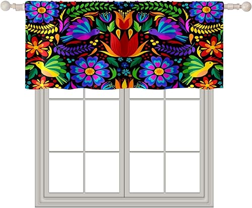 MSINMKOK Cortina de cocina, cenefas con diseño floral mexicano de pájaros, cortina corta para ventana, decoración con bolsillo para barra, cortinas