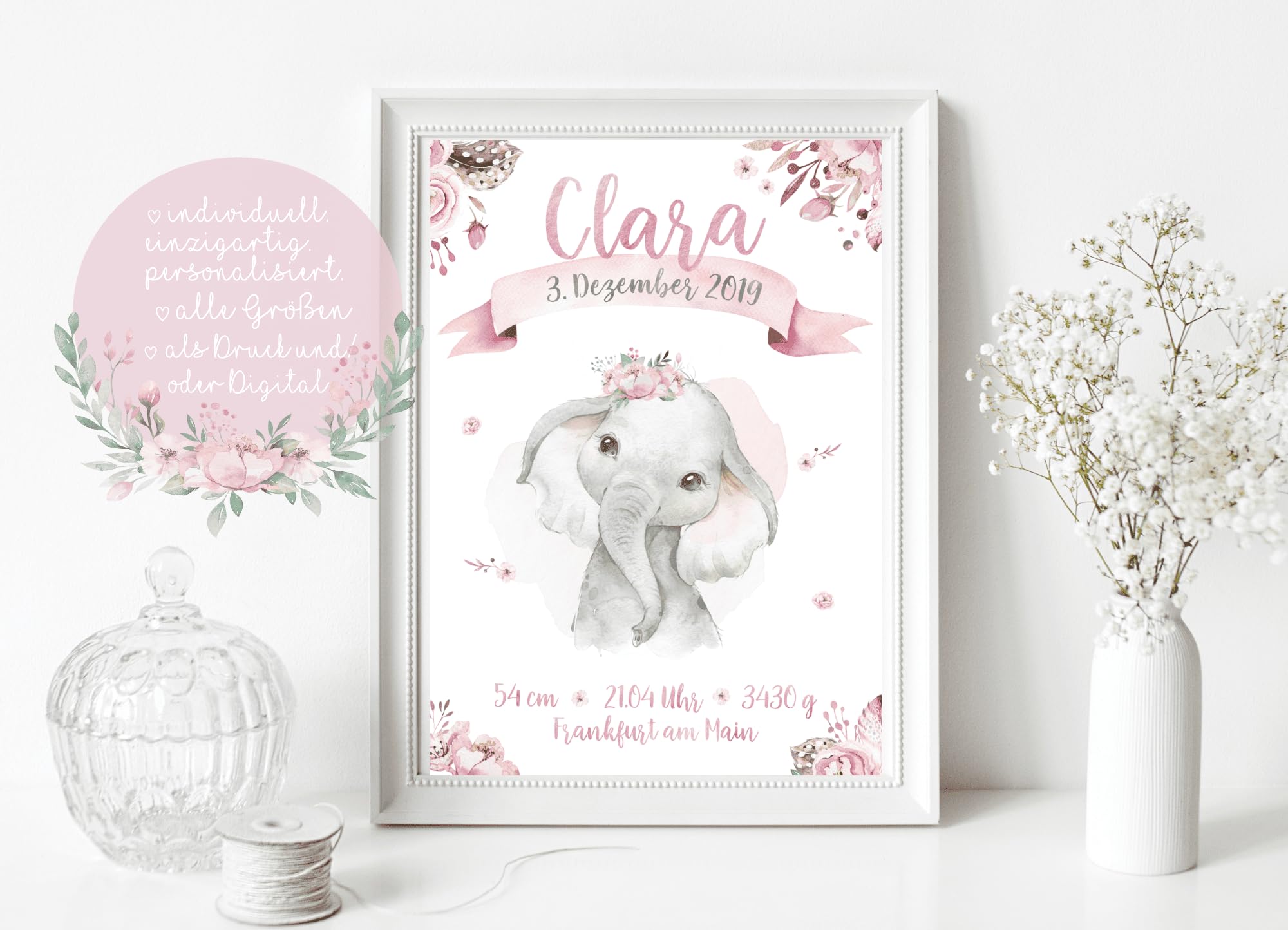double critical Personalisiertes Geburtsposter Baby-Elefant – Mädchen Aquarell Poster mit Name und Geburtsdaten – Rosa Blumen Deko Kinderzimmer – Geschenk zur Geburt oder Taufe DIN A4 A3