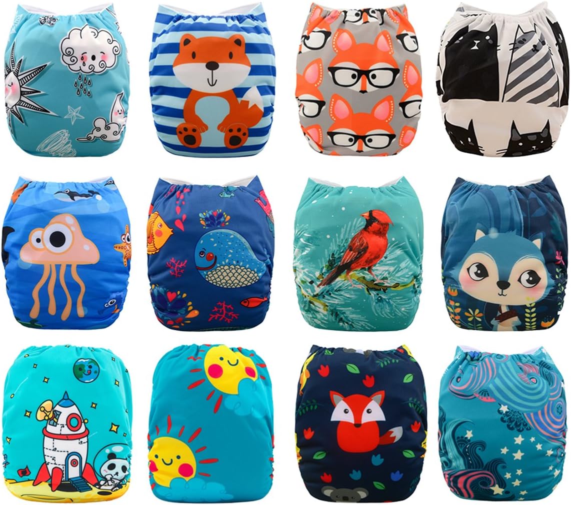 Babygoal Baby Cloth Diapers, One Size Adjustable Reusable Pocket Cloth Diaper Nappy 12pcs + 12pcs 4-Layers Bamboo Viscose Inserts 12FB05-2