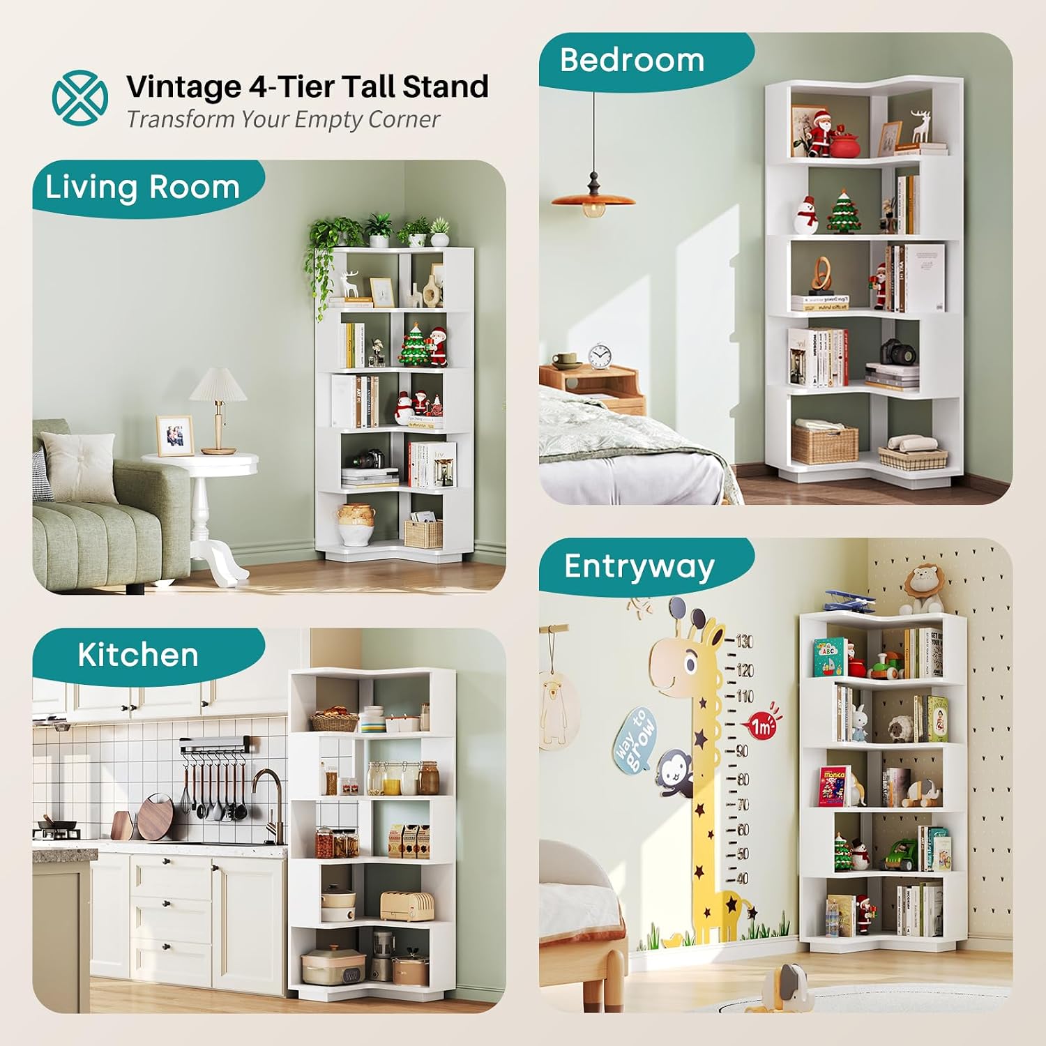 Corner Bookshelf 5-Tier L-Shaped, 66 Inch Tall Wooden Freestanding Bookcase, Modern Display Storage Organizer for Home Office, Living Room, White