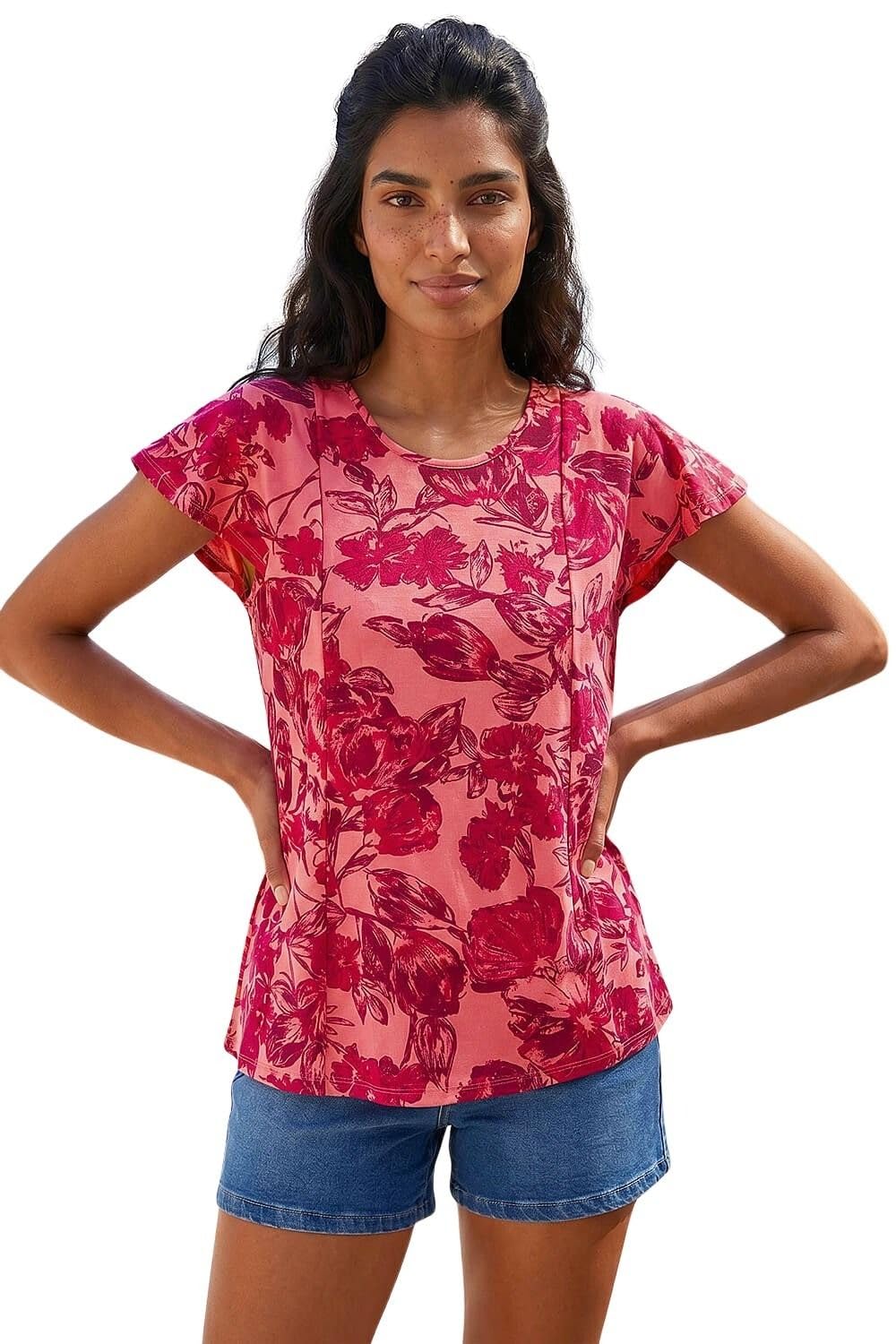 Roman Originals Women's Pink Angel Frill Sleeve T-Shirt For Uk - Everyday Holiday Spring Summer Round Neckline Comfy Soft Evening Vacation Work Party - Size 14
