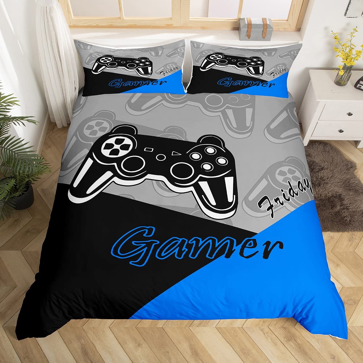 Gamer Juego de funda de edredón para niños, adolescentes, juego de ropa de cama y juego de ropa de cama de videojuegos para niños pequeños, 2 piezas, negro, azul y gris (individual)