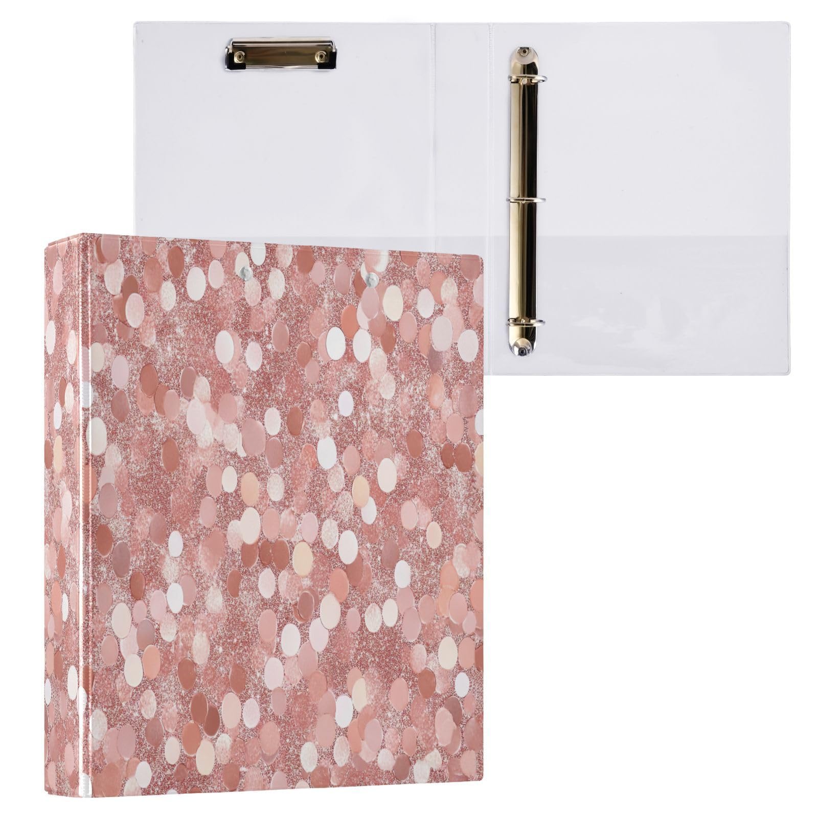 Raccoglitori a 3 anelli da 3,8 cm, motivo con paillettes oro rosa, decorativi, con clip in metallo, organizer per casa e ufficio, confezione da 2