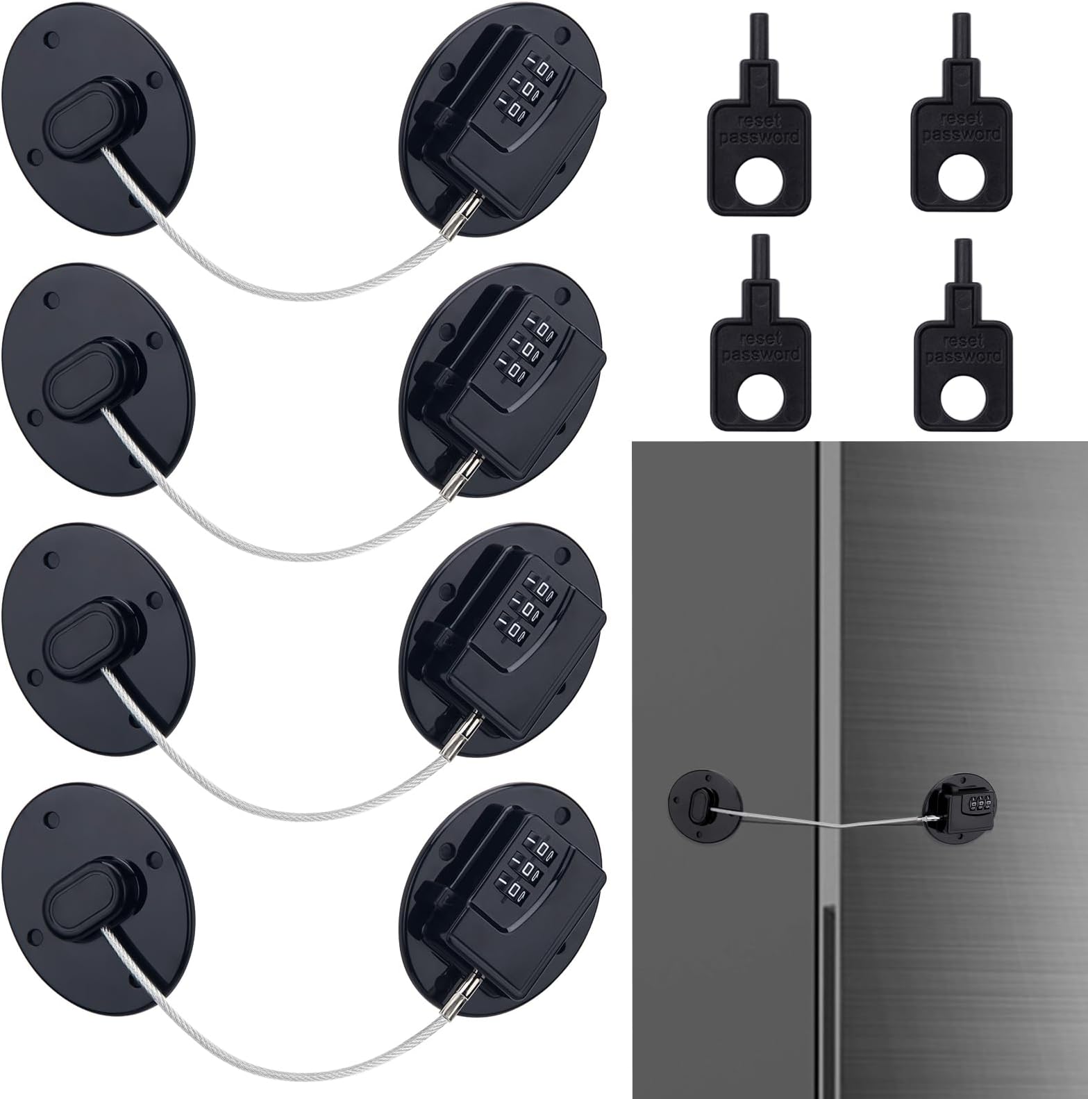 4PCS Refrigerator Locks Combination, Drill-Free Refrigerator Door Lock Fridge Lock with Password, Mini Digital Freezer Door Lock, Black