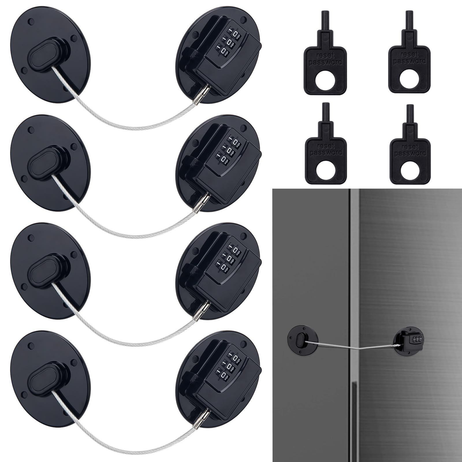 4 Pack Black Digital Refrigerator Locks Combination, Drill-Free Fridge Lock with Password, Strong Heavy-Duty ABS & Stainless Steel, Easy to Operate