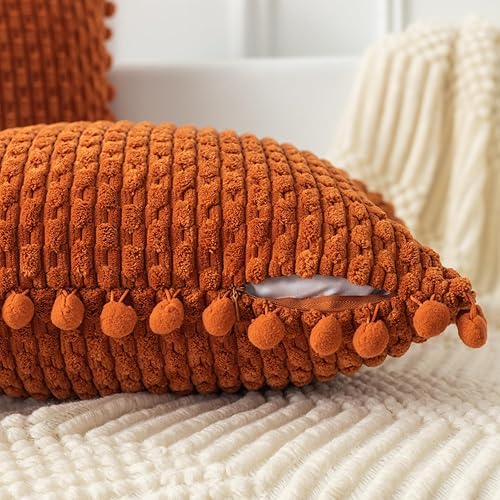 Miniatura 3 de Kevin Textile - Juego de 2 fundas de almohada decorativas de otoño de ladrillo quemado de 24 x 24 pulgadas con pompones para sofá dormitorio,