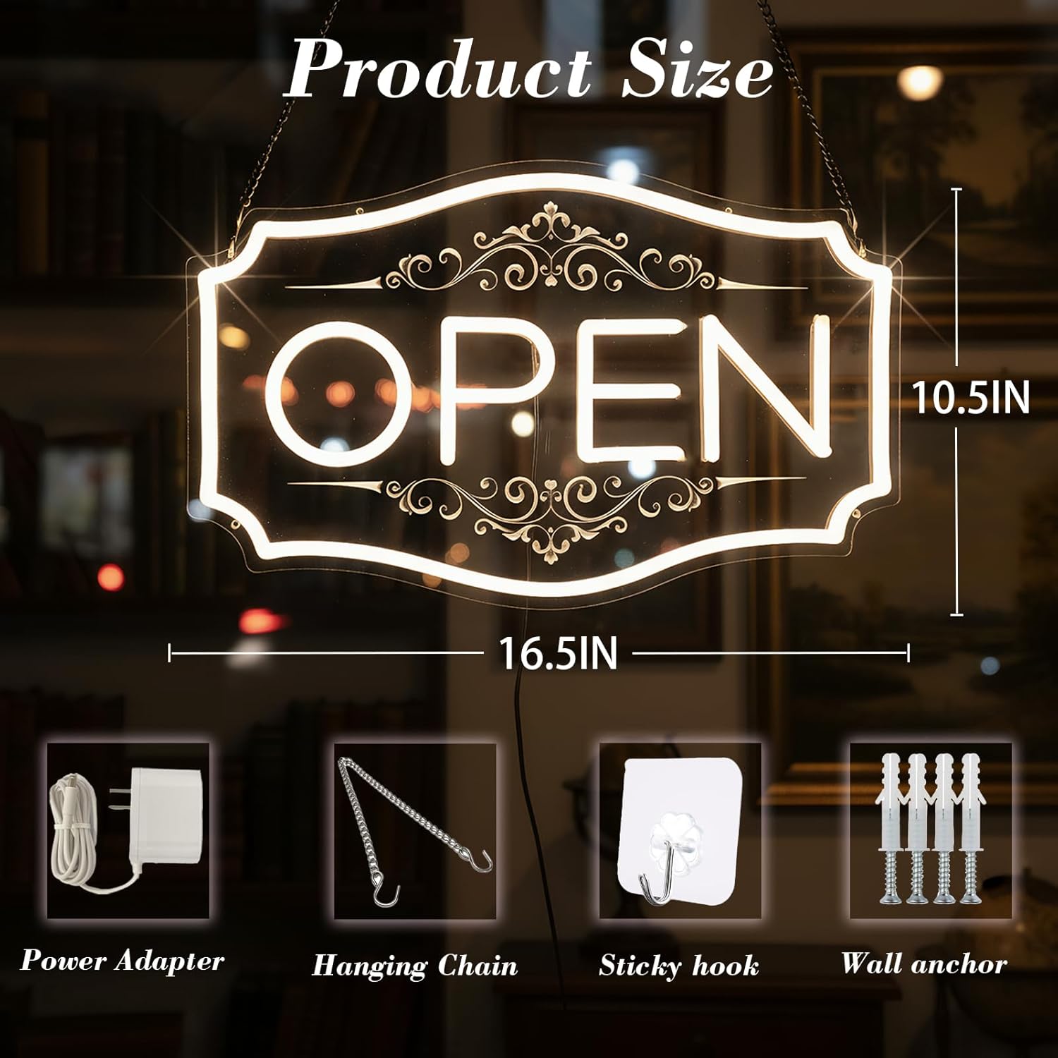 Open Sign for Business, LED Dimmable Neon Open Sign with 12V/2A Adapter, 16.5" x 10.5", Warm White, Bright LED Visibility to Light Up Window, Wall, Bar, Coffee, Salon and Store - Image 2