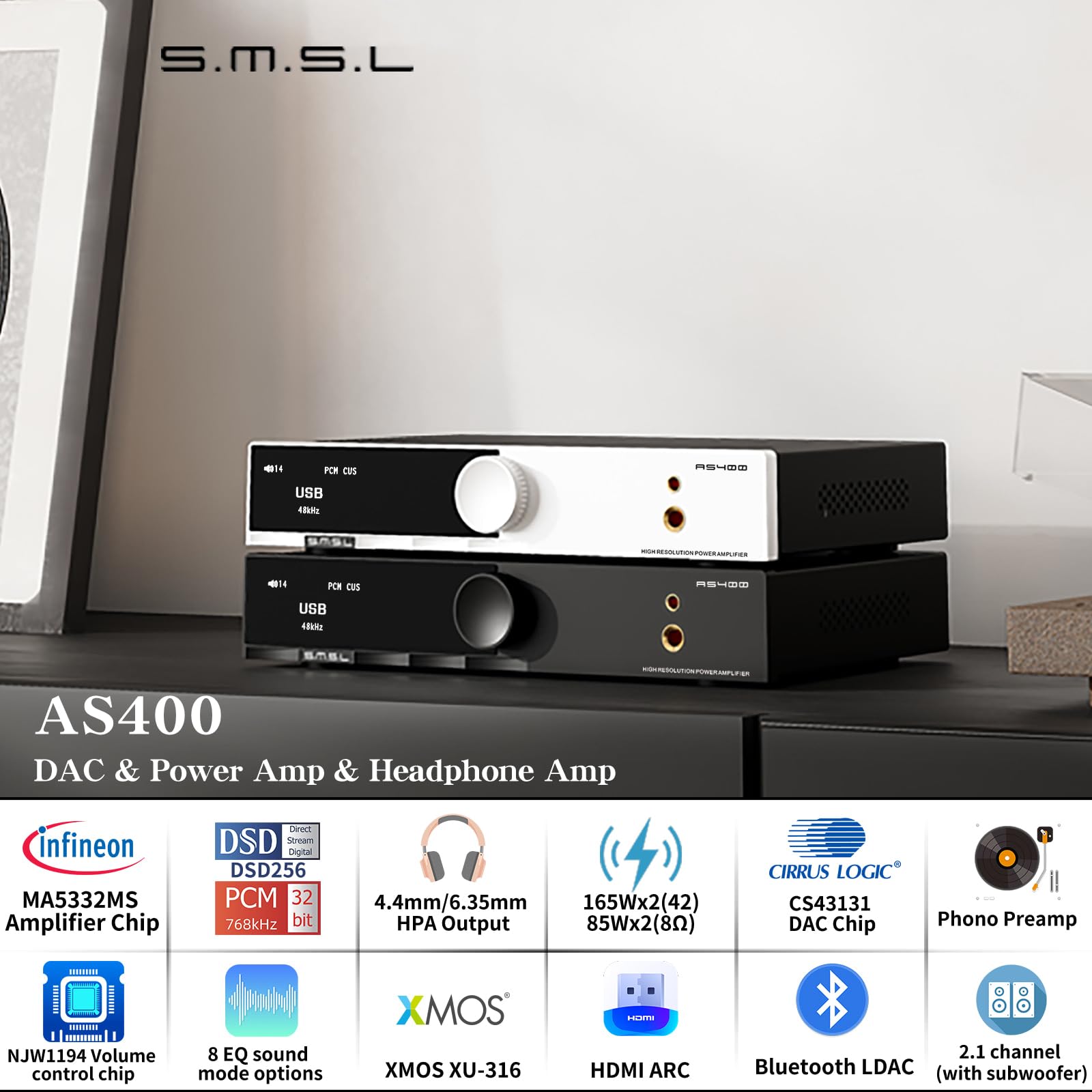 s.m.s.l SMSL HDMI搭載プリメインアンプ AS400 SMSL AS400 Power Amplifier 165W x 165W DAC Headphone Amp MA5332M5