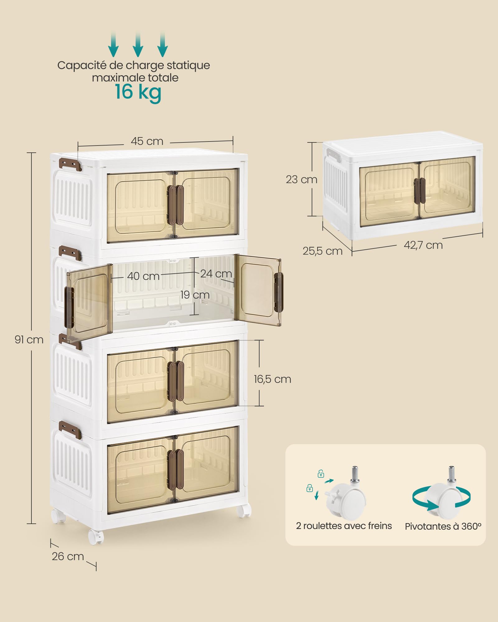 SONGMICS Boîte de Rangement, Organisateur à 4 Niveaux avec 1 Couvercle, Empilable, sur Roulettes, Plastique, Double Porte Magnétique, Blanc, 25 L par Niveau, 100 L au Total, RLB445WZ01