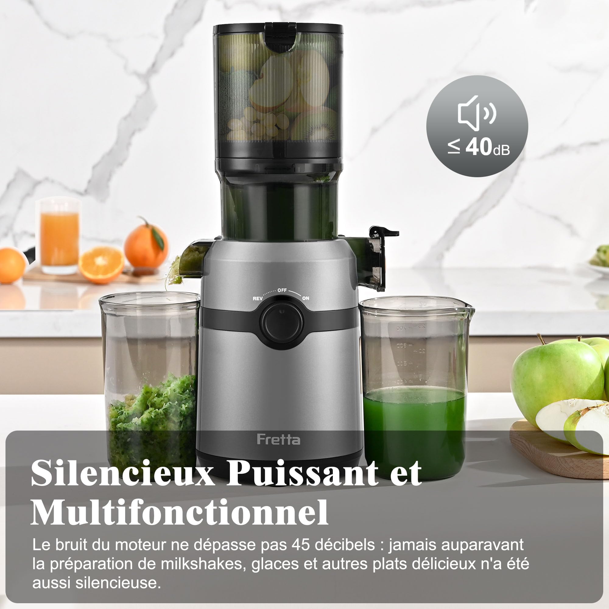 Fretta Extracteur de Jus, Slow Juicer Grande Ouverture 108mm, 1L Capacité, Pression à Froid, Sans BPA, 200W (Gris)