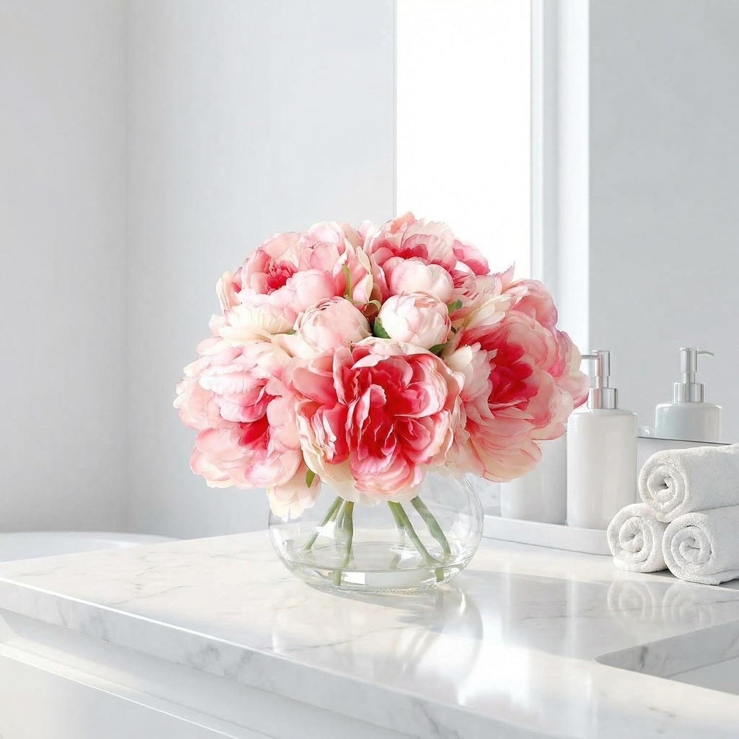Garvee Artificial Peonies Flowers with Vase, Mixed Pink Silk Peony Bouquet with Faux Water in Glass Vase, Lifelike Fake Peonies Floral Arrangement for Table Centerpiece, Wedding, Home Decor