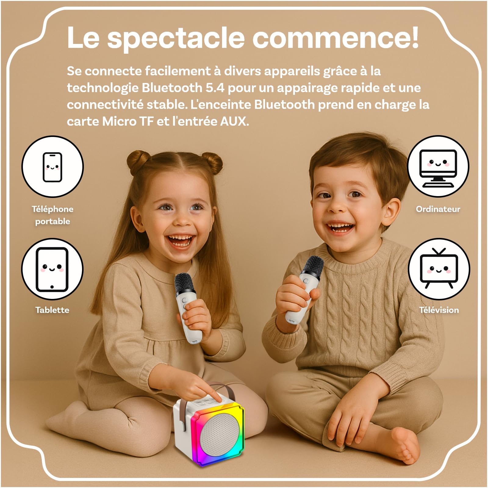 Machine à Karaoké avec 2 Microphone sans Fil pour Enfants par MMOBIEL – Enceinte Bluetooth Portable, 2 Microphone, Effets de Voix, Lumière LED – Micro Karaoke, Cadeau Fille, Garcon, Enfants 3+, Beige