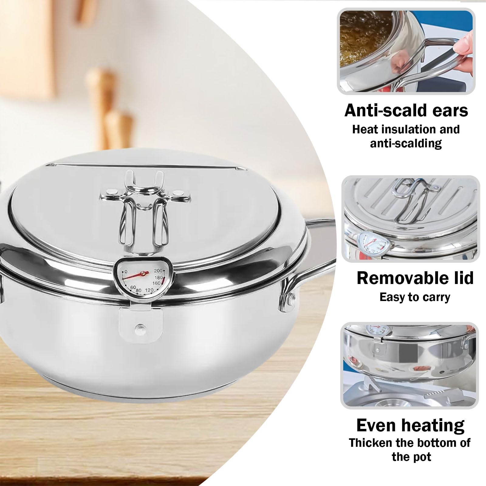 Pentola per friggitrice, con termometro, piccola pentola in acciaio inox, coperchio e scolapiatti per patatine fritte, gamberetti, pesce (20 cm)