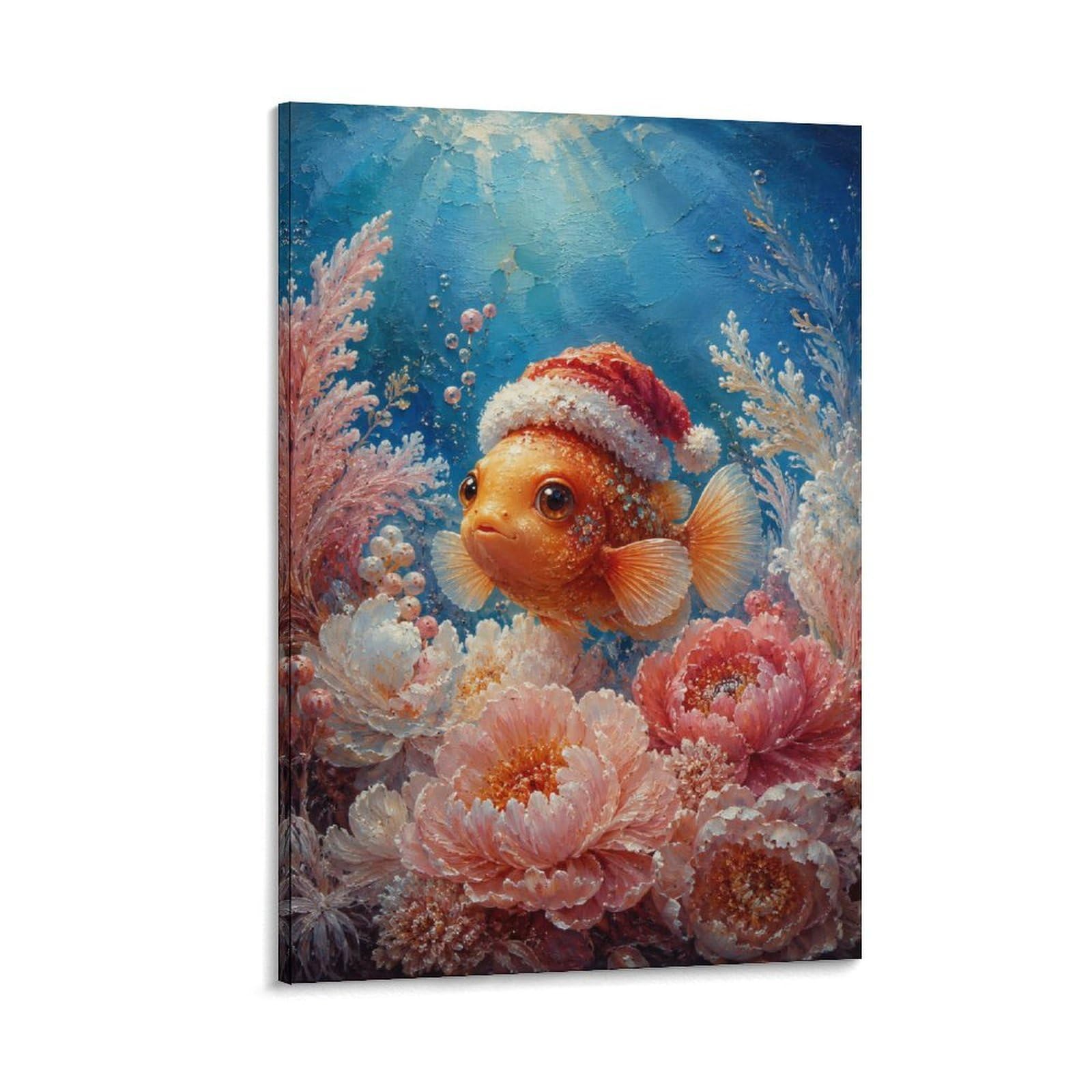 W7C8U2X3 Clownfish Santa Hat Coral Canvas Wall Art, Tropical Ocean Wall Art