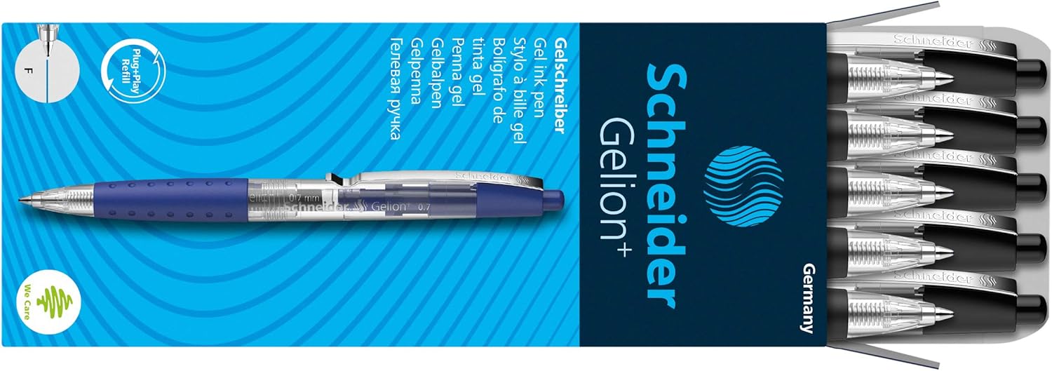 Schneider Gelion+ Gel Pen, Refillable and Retractable, Gel Ink, 0.7 mm, Transparent Barrel, Black Ink, Box of 10 Pens (101001)