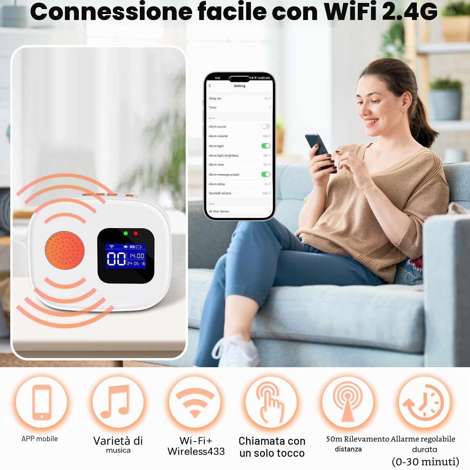 Pulsante di Chiamata di Emergenza per Anziani, Wi-Fi Sistema di Chiamata | Emergenza Intelligente, 6 SOS Pulsanti di Chiamata di Emergenza, 1 Ricevitore Display Digitale, Caregiver Pager per Pazienti