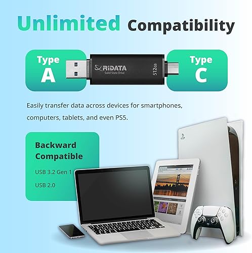 Miniatura 6 de Ridata UV903 - Unidad de estado sólido externa SSD portátil de 512 GB, velocidad de lecturaescritura de hasta 1050MBs y 900MBs, USB 3.2 Gen 2 OTG