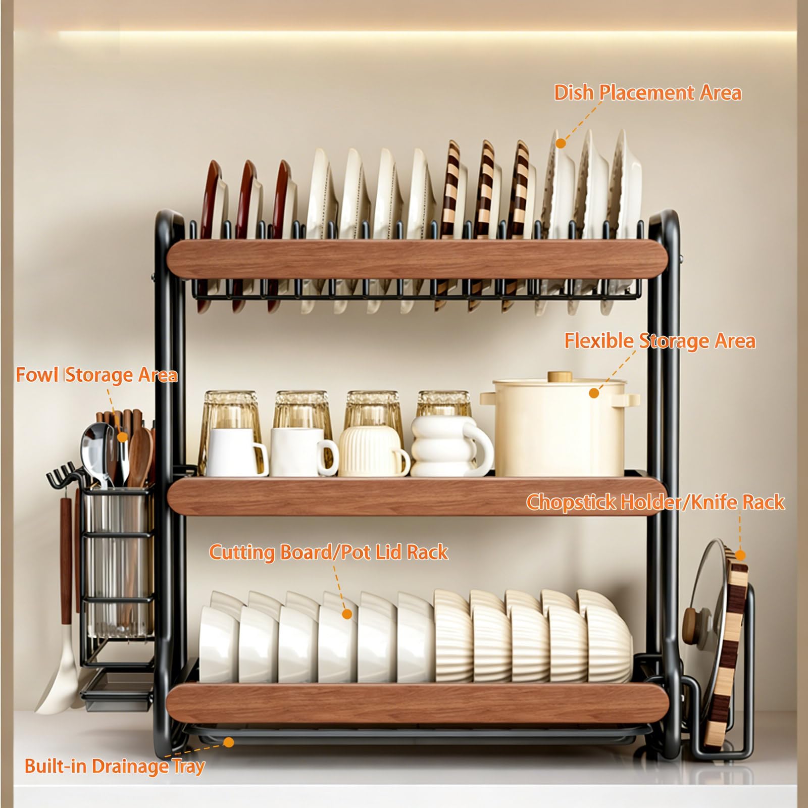 Escurridor de platos con parte superior de madera, organizador de encimera de cocina de acero inoxidable, escurridor de gran capacidad con soporte desmontable para cubiertos