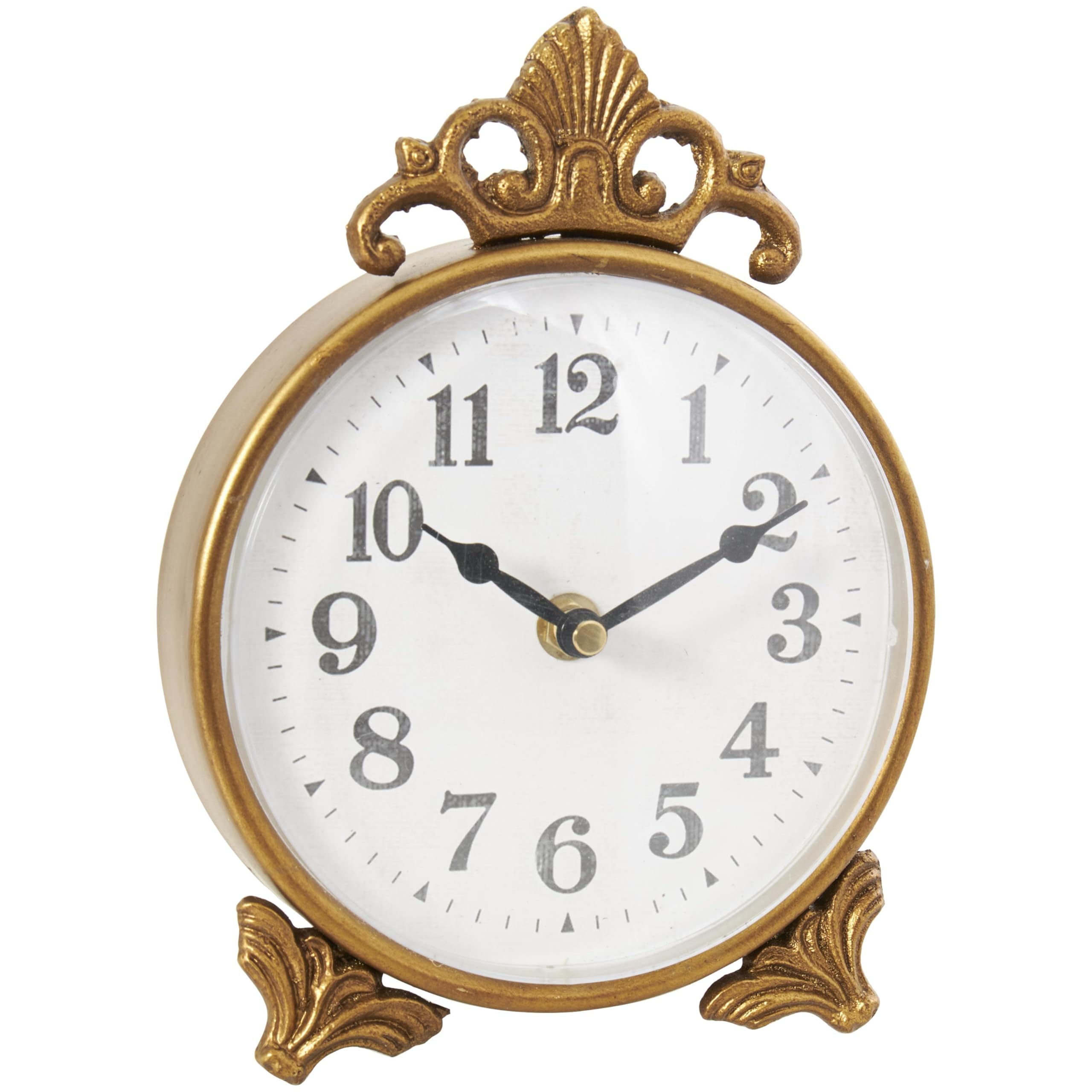 Reloj decorativo de metal dorado con pergamino Deco 79 para una decoración clásica y distinguida