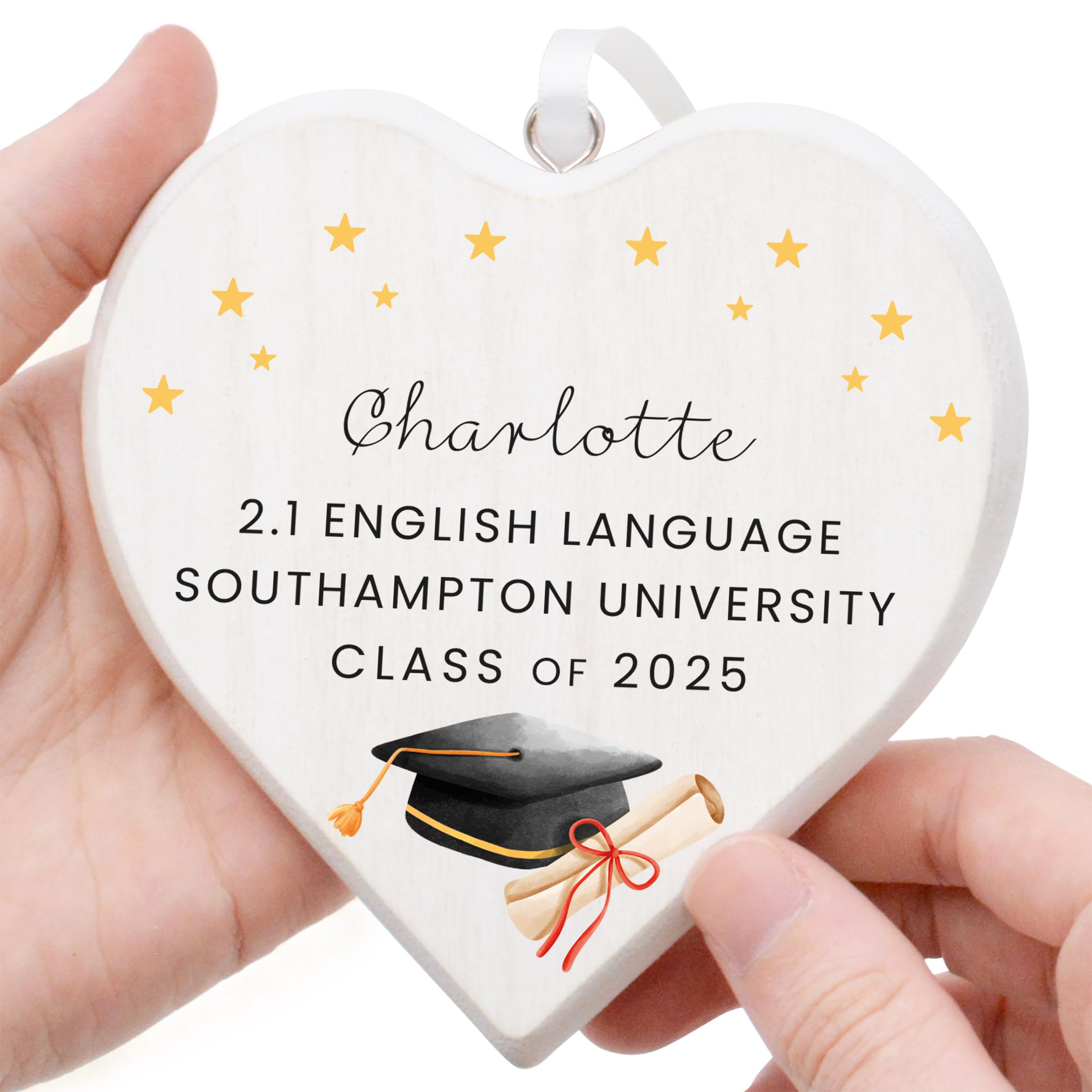 Beecreative Personalised Graduation Gifts - Rustic White Wooden Heart Ornament - University Graduation Congratulations Present - With Grey Gift Bag