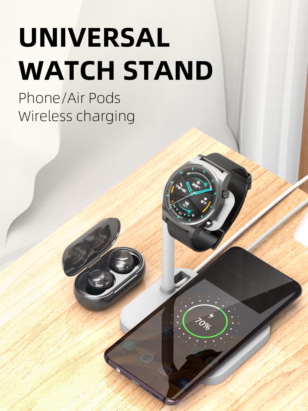 Supporto caricabatterie wireless 2 in 1 per Samsung/Apple/Google, per Huawei GT/Samsung Galaxy/Pixel/Garmin/Diesel/Fossil/Fitbit/Skagen/Michael/Galaxy/GT Watch Bracket Base (02SW-B)