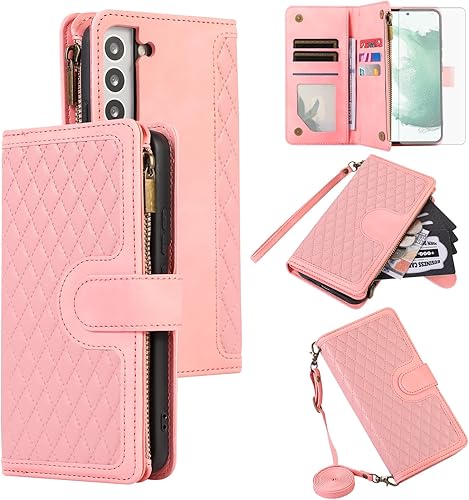 Asuwish Funda de teléfono para Samsung Galaxy S22 5G Funda tipo cartera con protector de pantalla de vidrio templado y correa para la muñeca de
