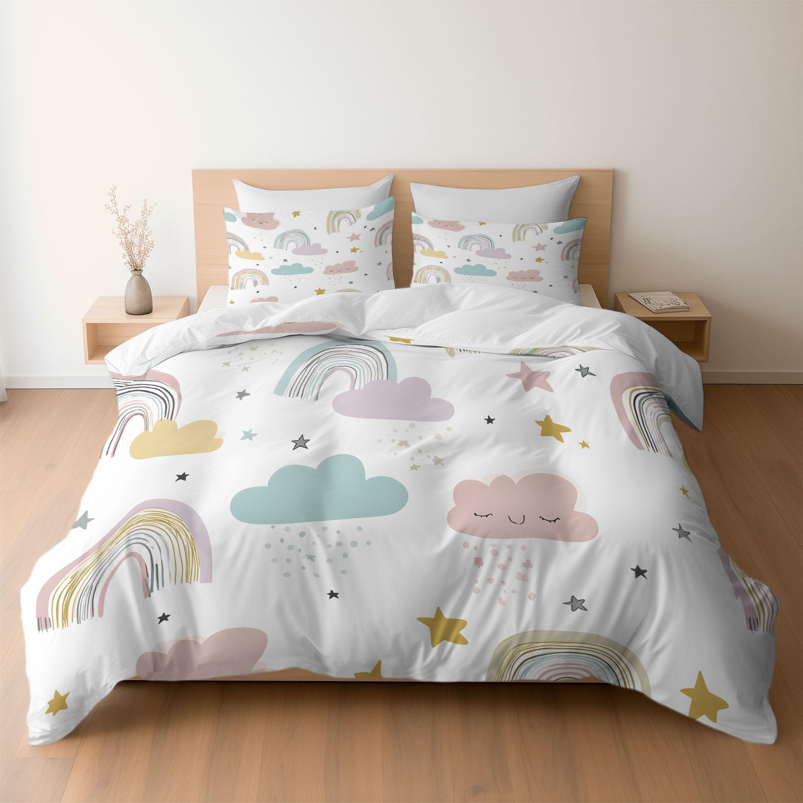 Generisch 3-teiliges Bettwäsche-Set, 1 Bettbezug 240 x 220 cm und 2 Kissenbezüge 80 x 80 cm, Niedlicher Boho Minimal Regenbogen Wolken Sterne Weiche Mikrofaser, Einweihungsgeschenk, Weiß